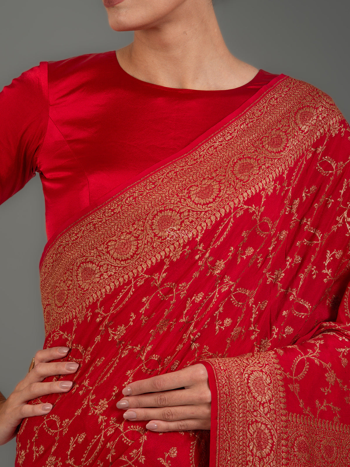 Red Jaal Crepe Silk Handloom Banarasi Saree - Sacred Weaves