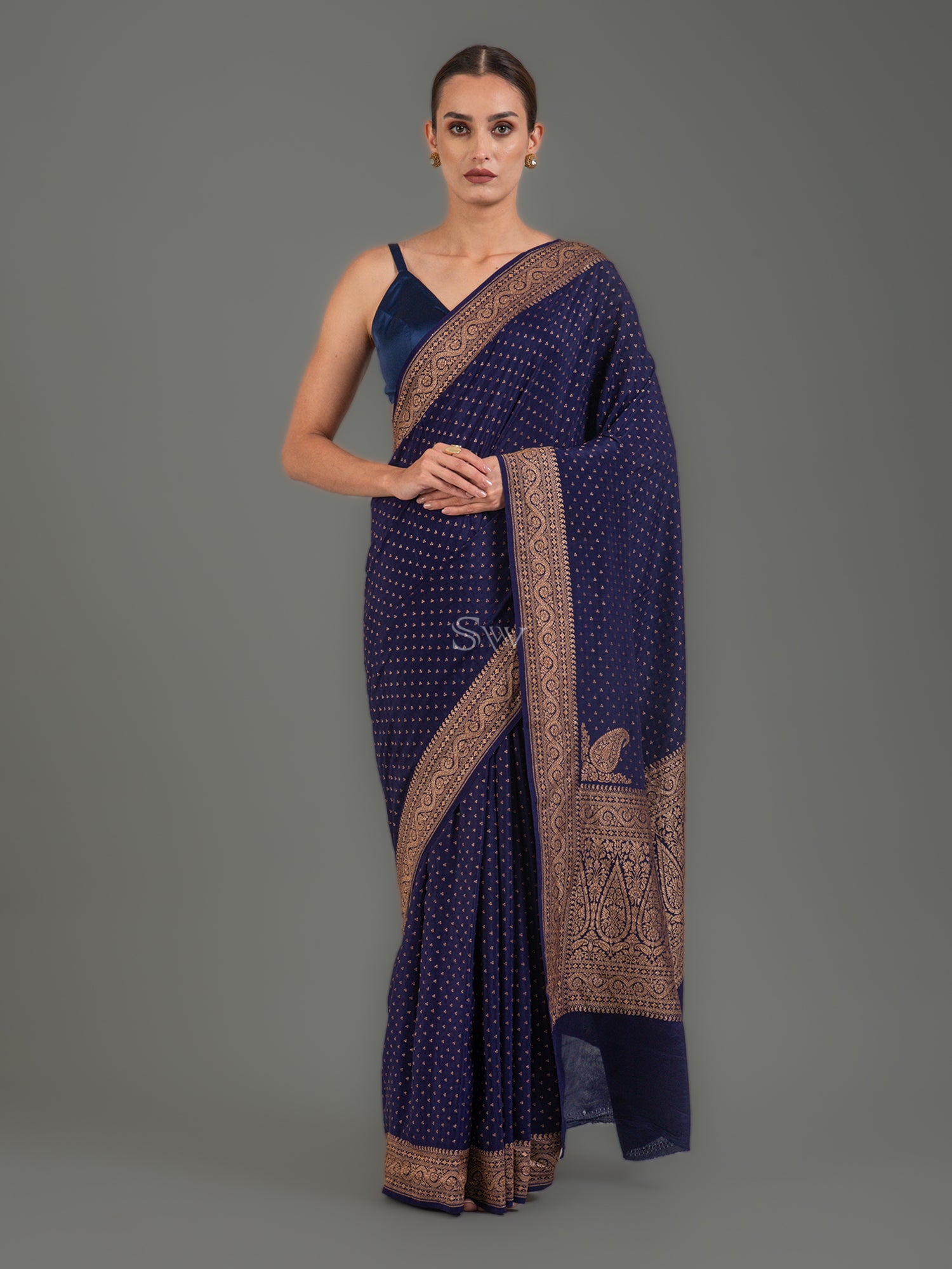 Navy Blue Booti Crepe Silk Handloom Banarasi Saree - Sacred Weaves