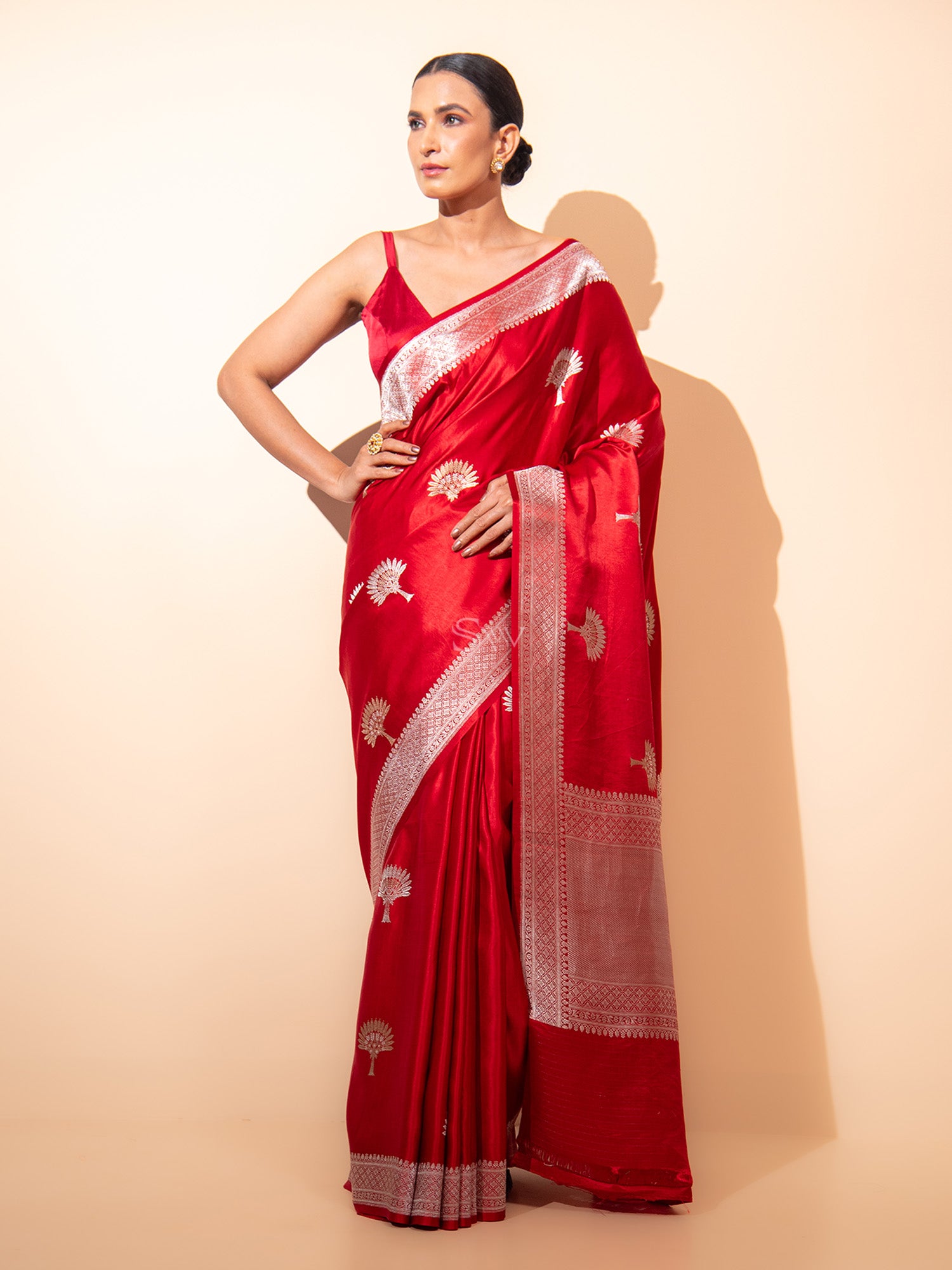 Red Boota Satin Silk Handloom Banarasi Saree - Sacred Weaves