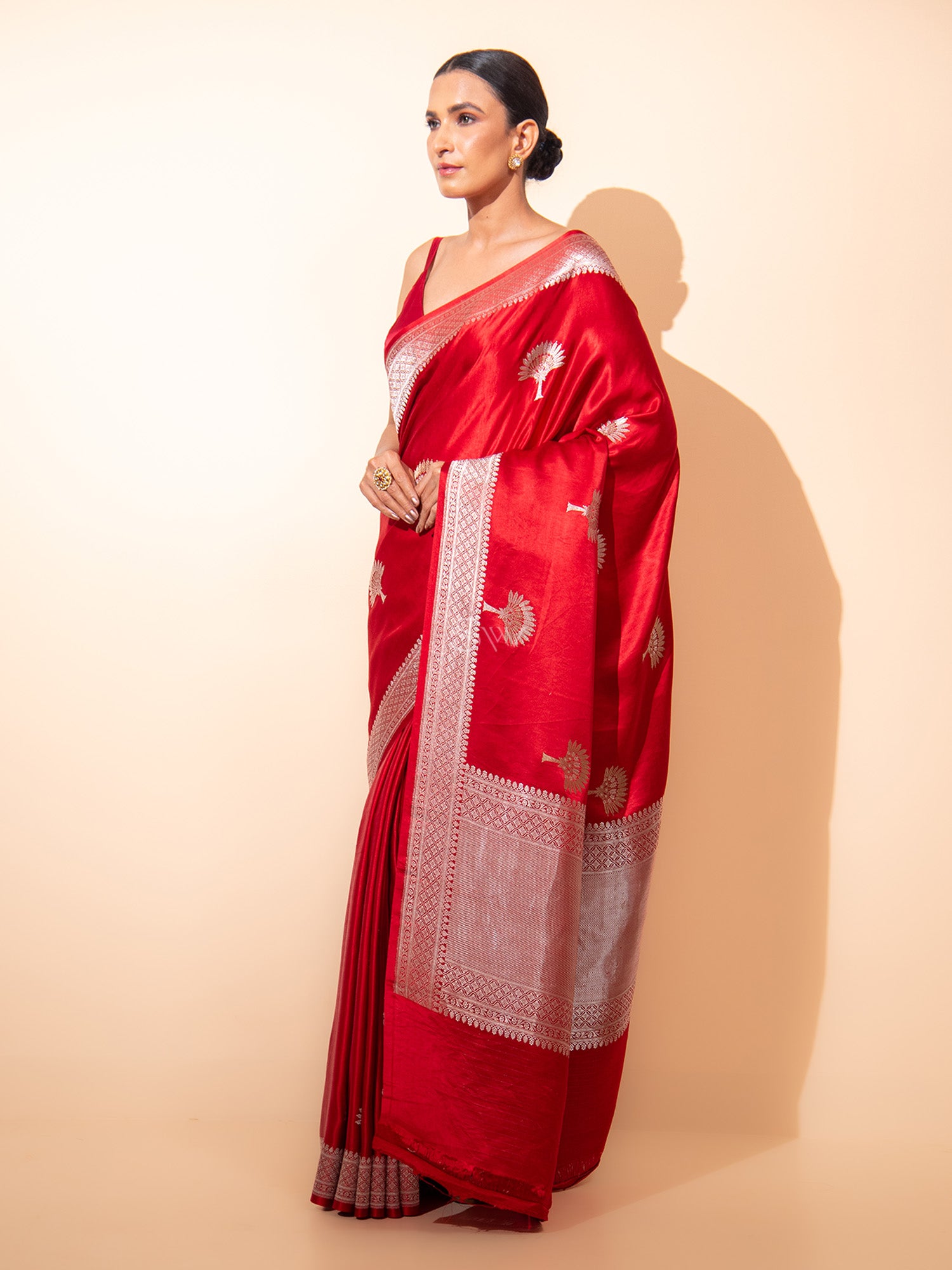 Red Boota Satin Silk Handloom Banarasi Saree - Sacred Weaves