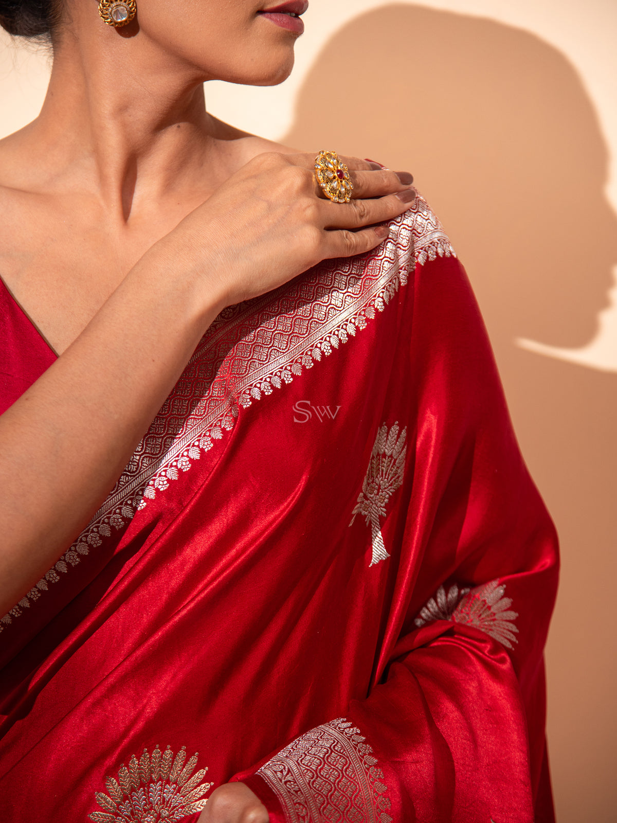 Red Boota Satin Silk Handloom Banarasi Saree - Sacred Weaves