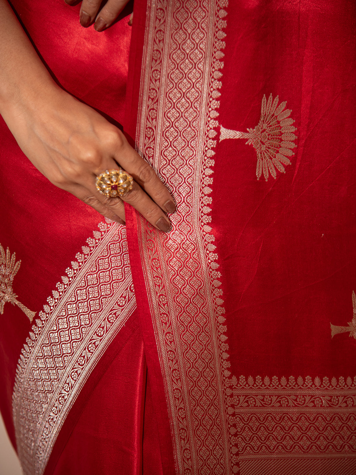 Red Boota Satin Silk Handloom Banarasi Saree - Sacred Weaves