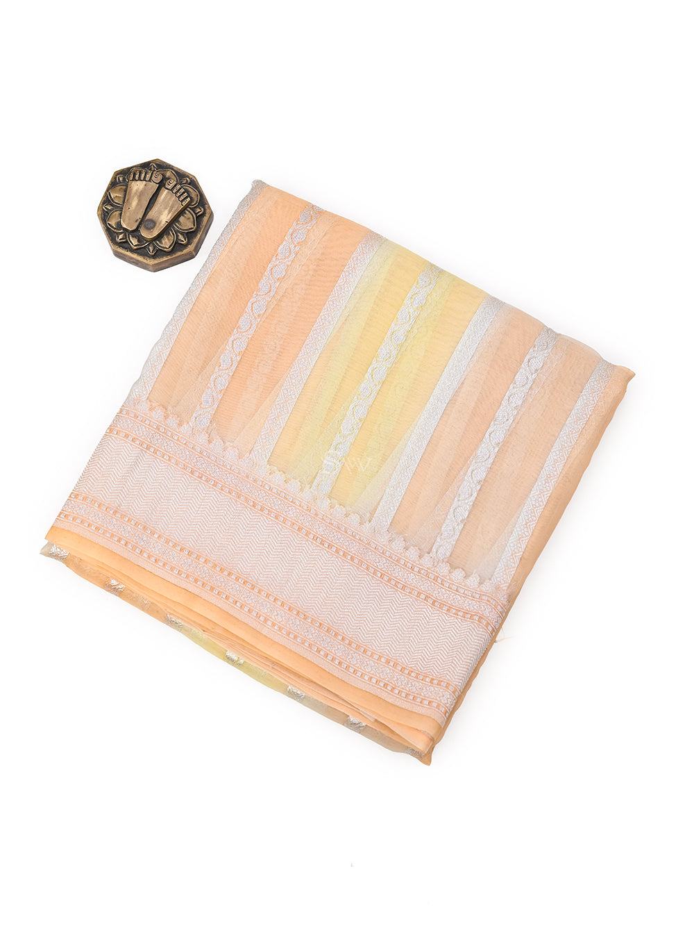 Pastel Peach Yellow Stripe Rangkat Organza Handloom Banarasi Saree