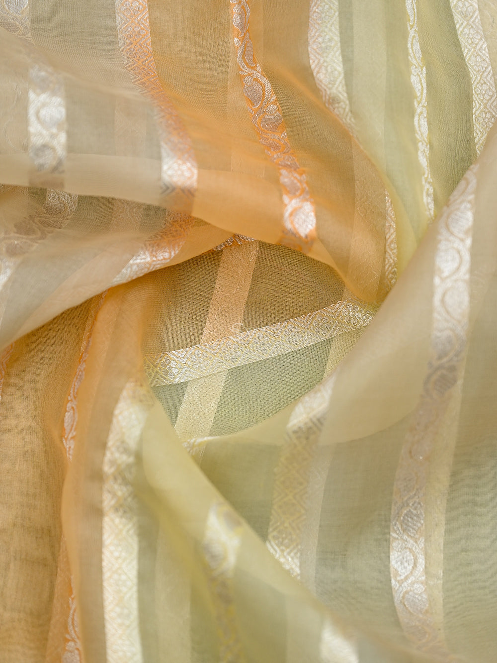 Pastel Peach Yellow Stripe Rangkat Organza Handloom Banarasi Saree - Sacred Weaves