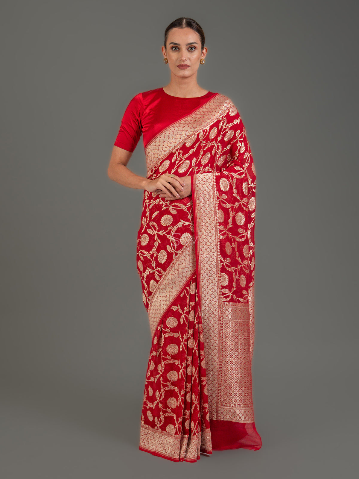 Red Jaal Khaddi Georgette Handloom Banarasi Saree - Sacred Weaves