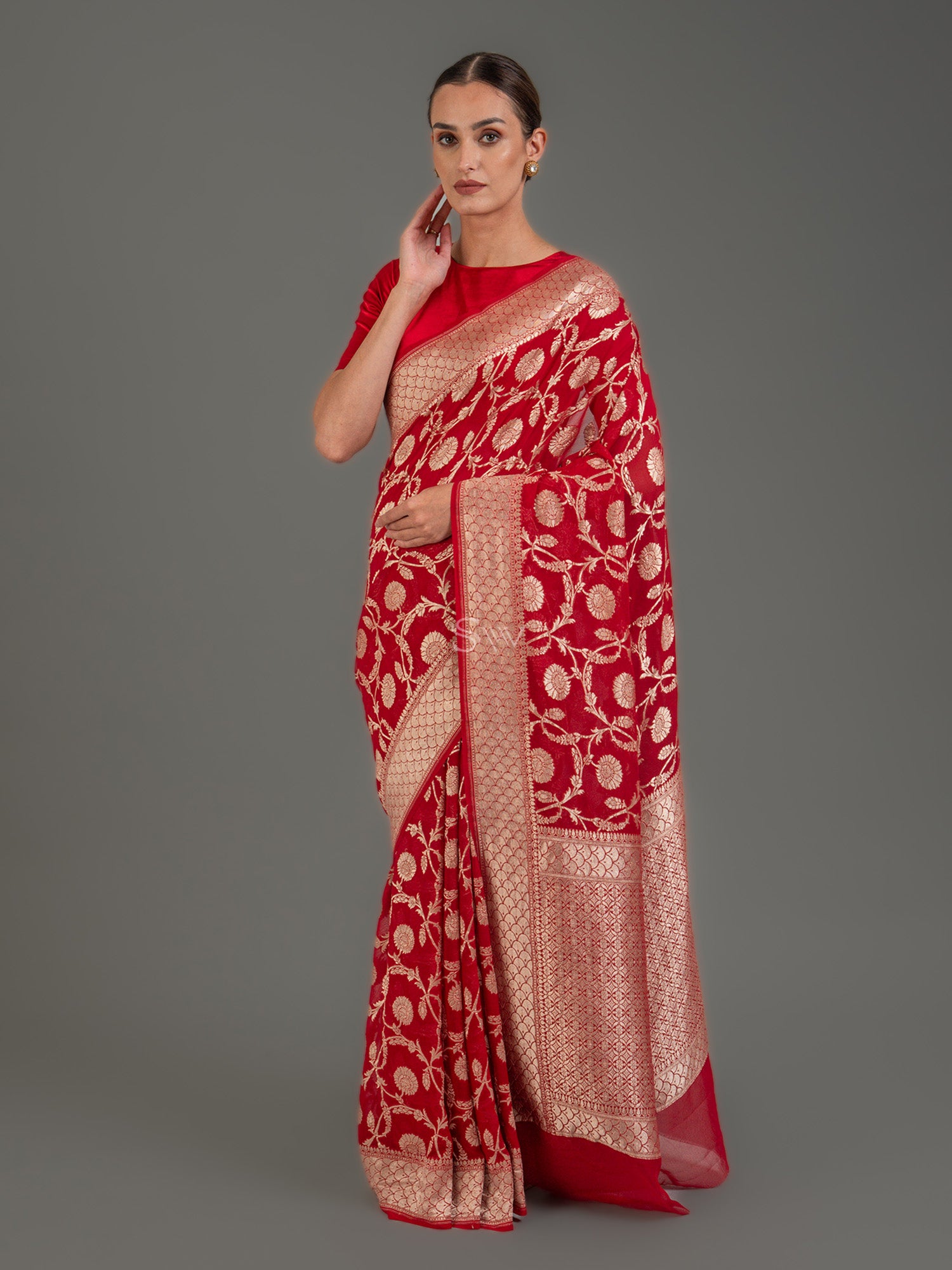 Red Jaal Khaddi Georgette Handloom Banarasi Saree - Sacred Weaves