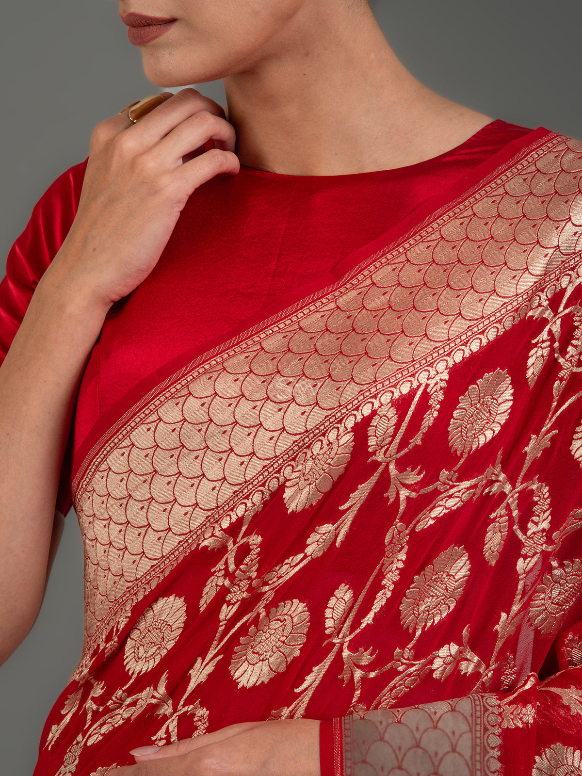 Red Jaal Khaddi Georgette Handloom Banarasi Saree - Sacred Weaves