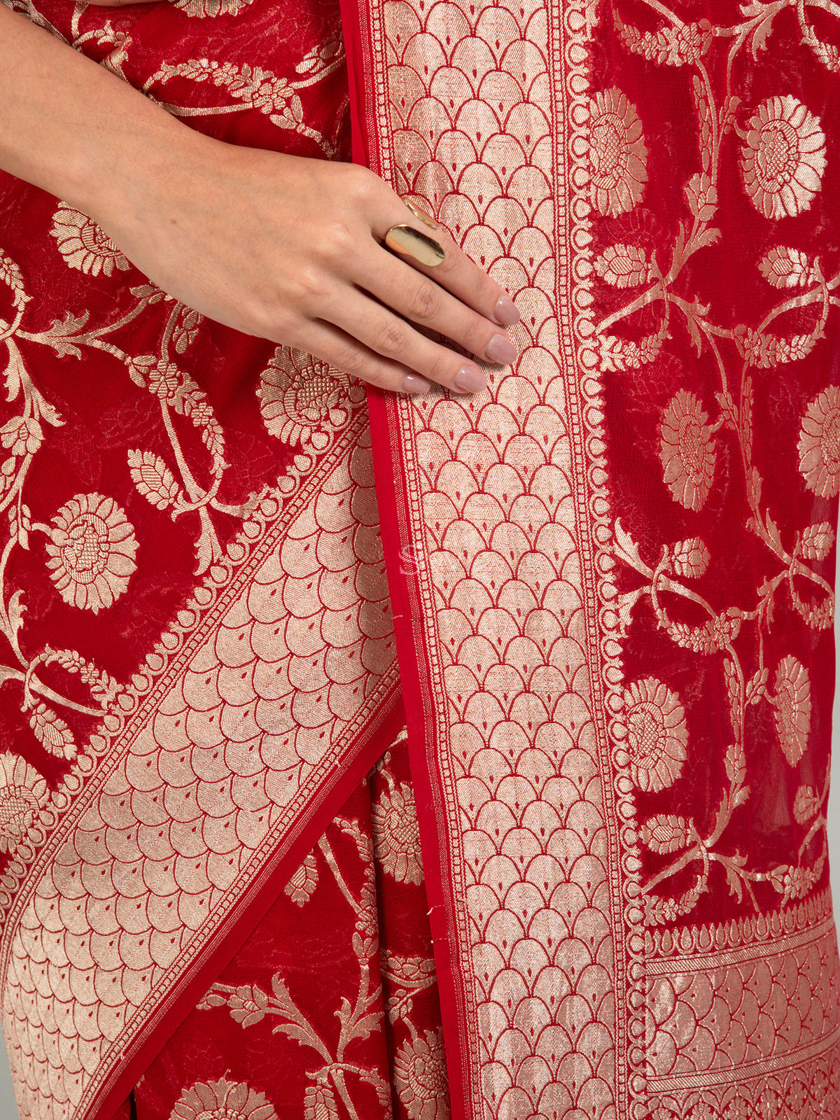 Red Jaal Khaddi Georgette Handloom Banarasi Saree - Sacred Weaves