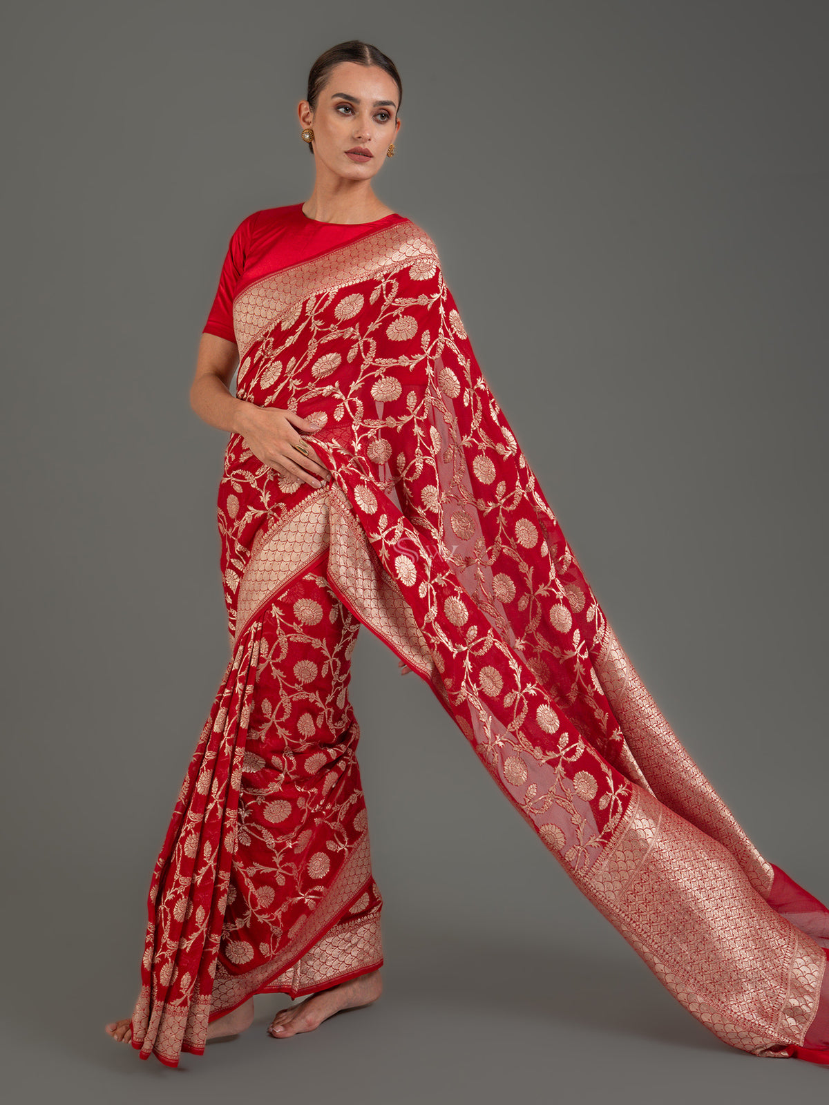 Red Jaal Khaddi Georgette Handloom Banarasi Saree - Sacred Weaves