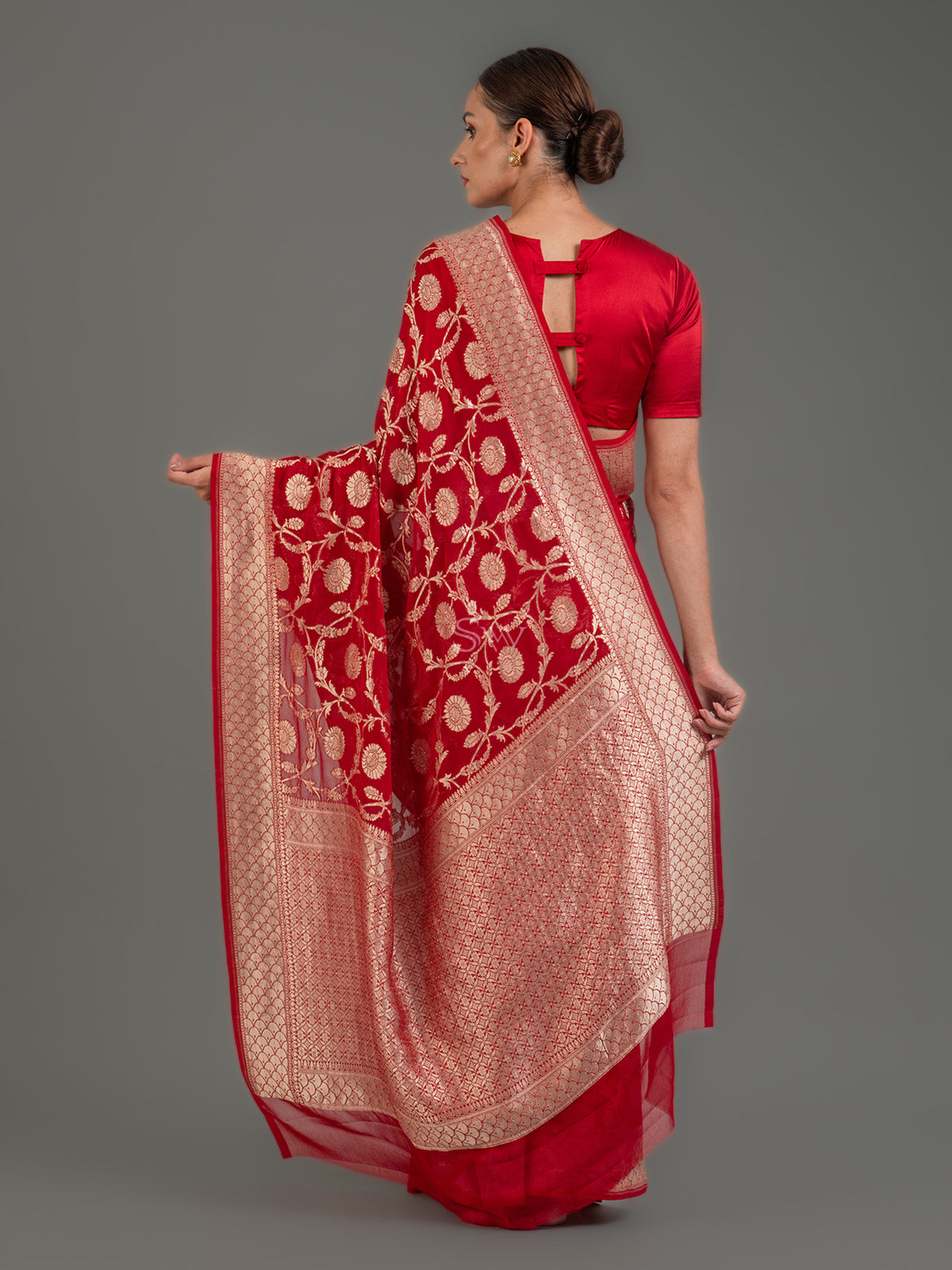 Red Jaal Khaddi Georgette Handloom Banarasi Saree - Sacred Weaves