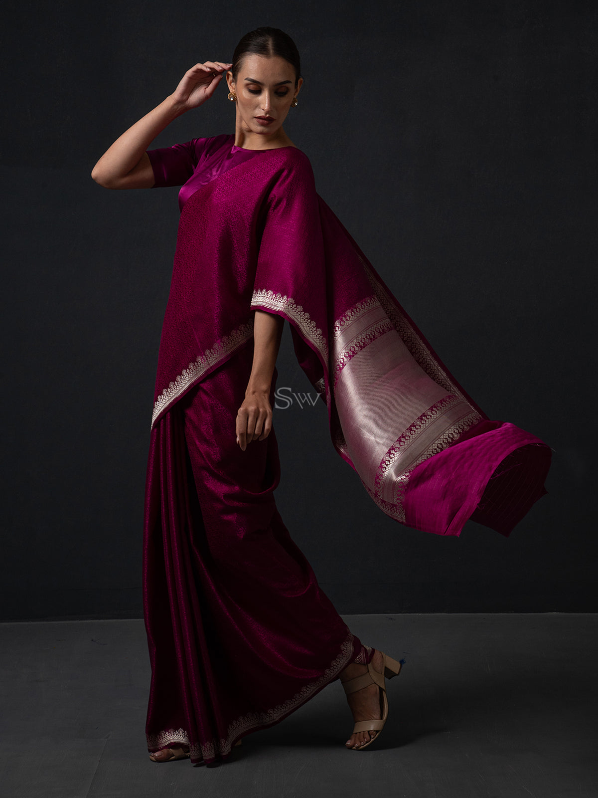 Dark Magenta Satin Tanchoi Handloom Banarasi Saree - Sacred Weaves