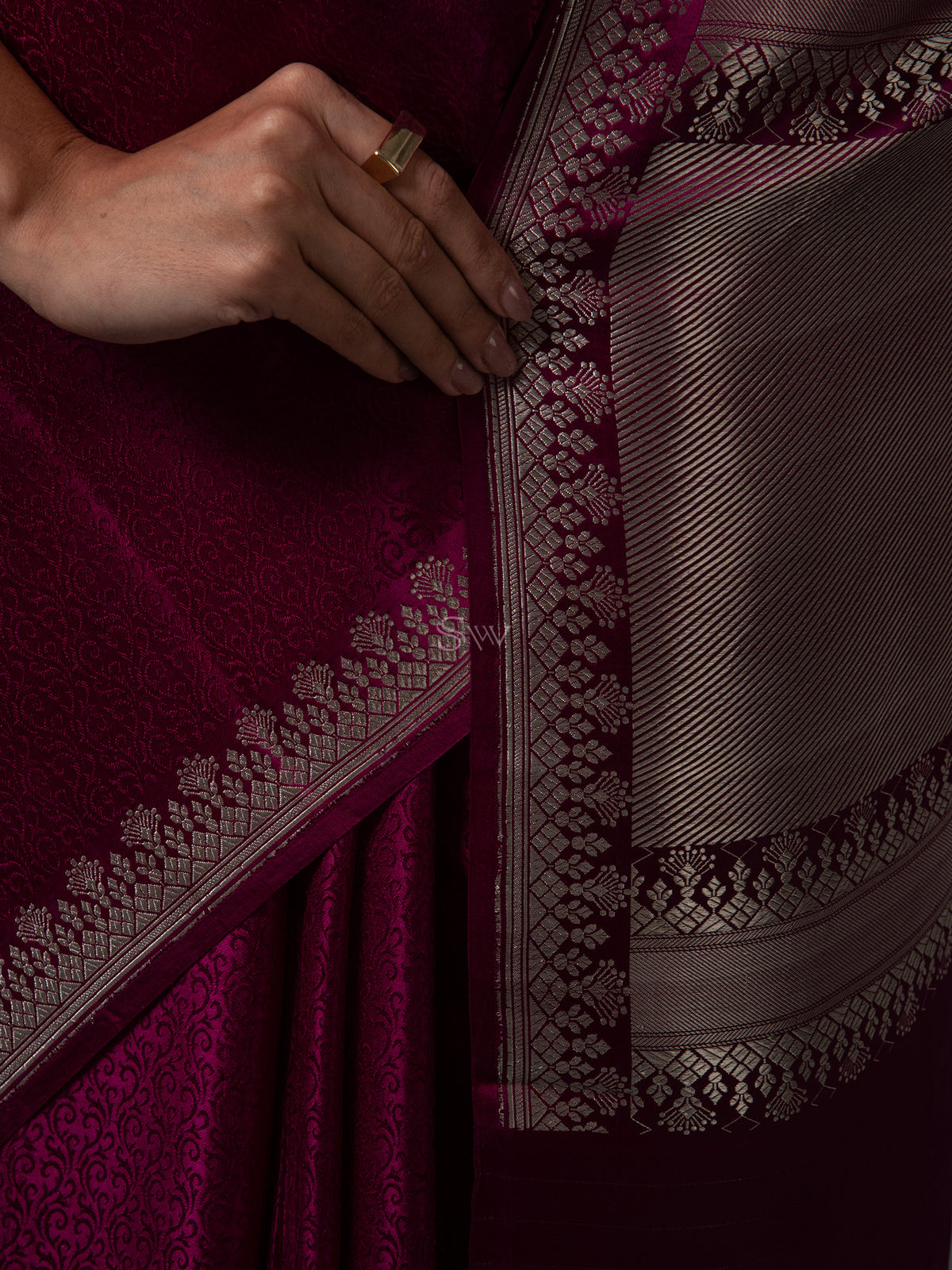 Dark Magenta Satin Tanchoi Handloom Banarasi Saree - Sacred Weaves