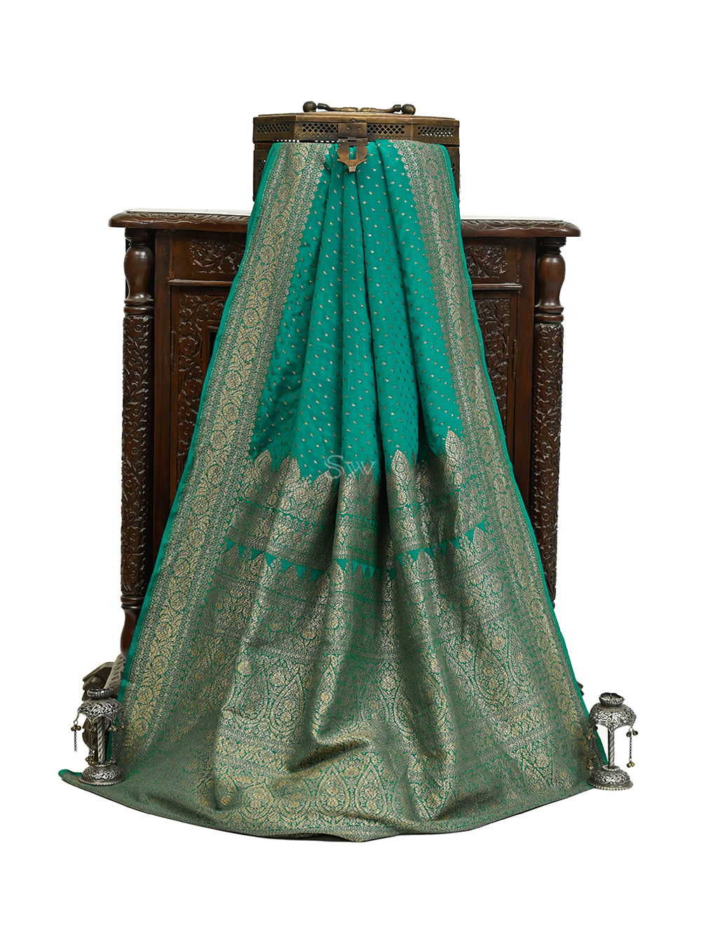 Teal Green Booti Crepe Silk Handloom Banarasi Saree - Sacred Weaves