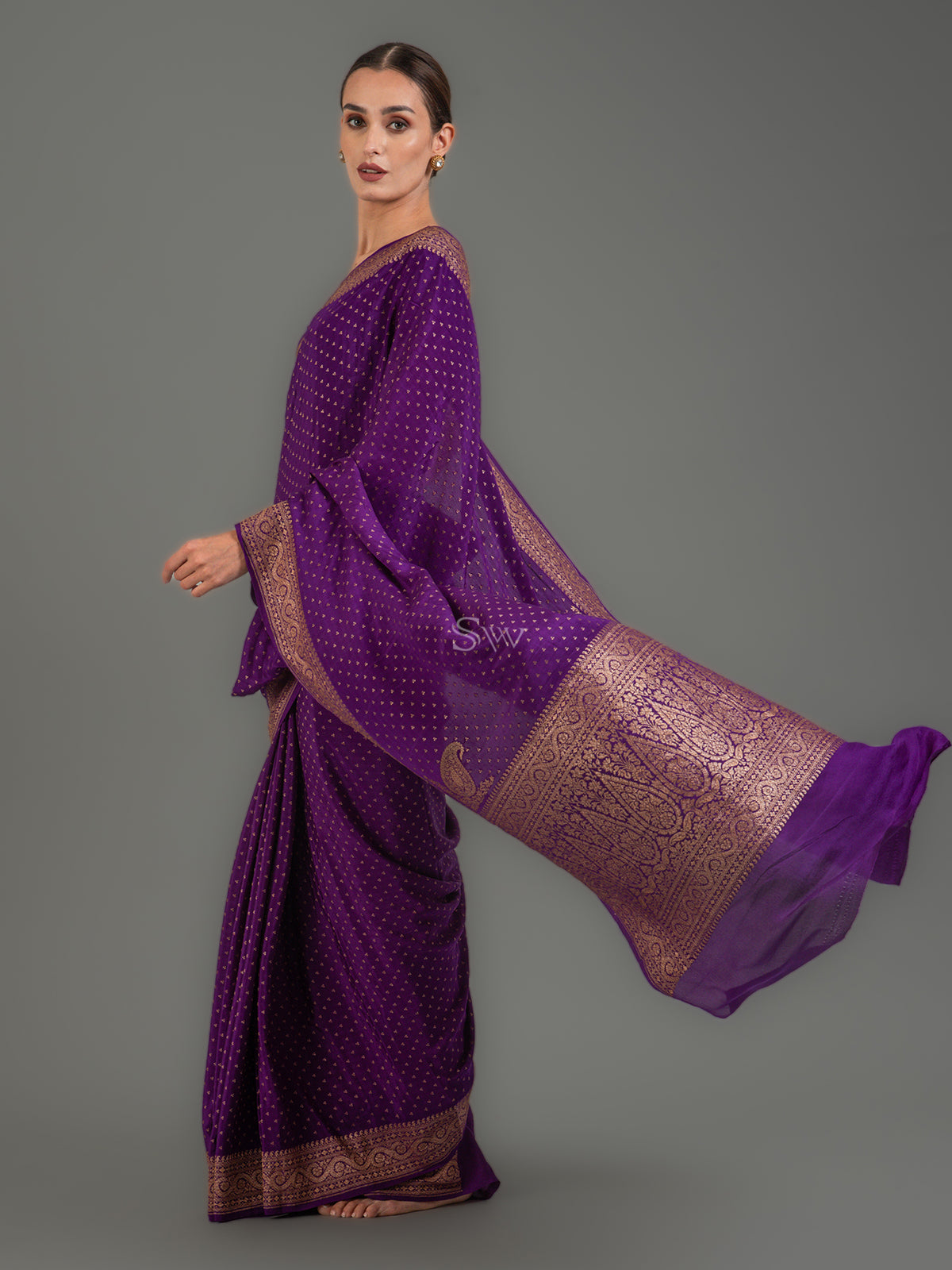 Purple Booti Crepe Silk Handloom Banarasi Saree -Sacred Weaves