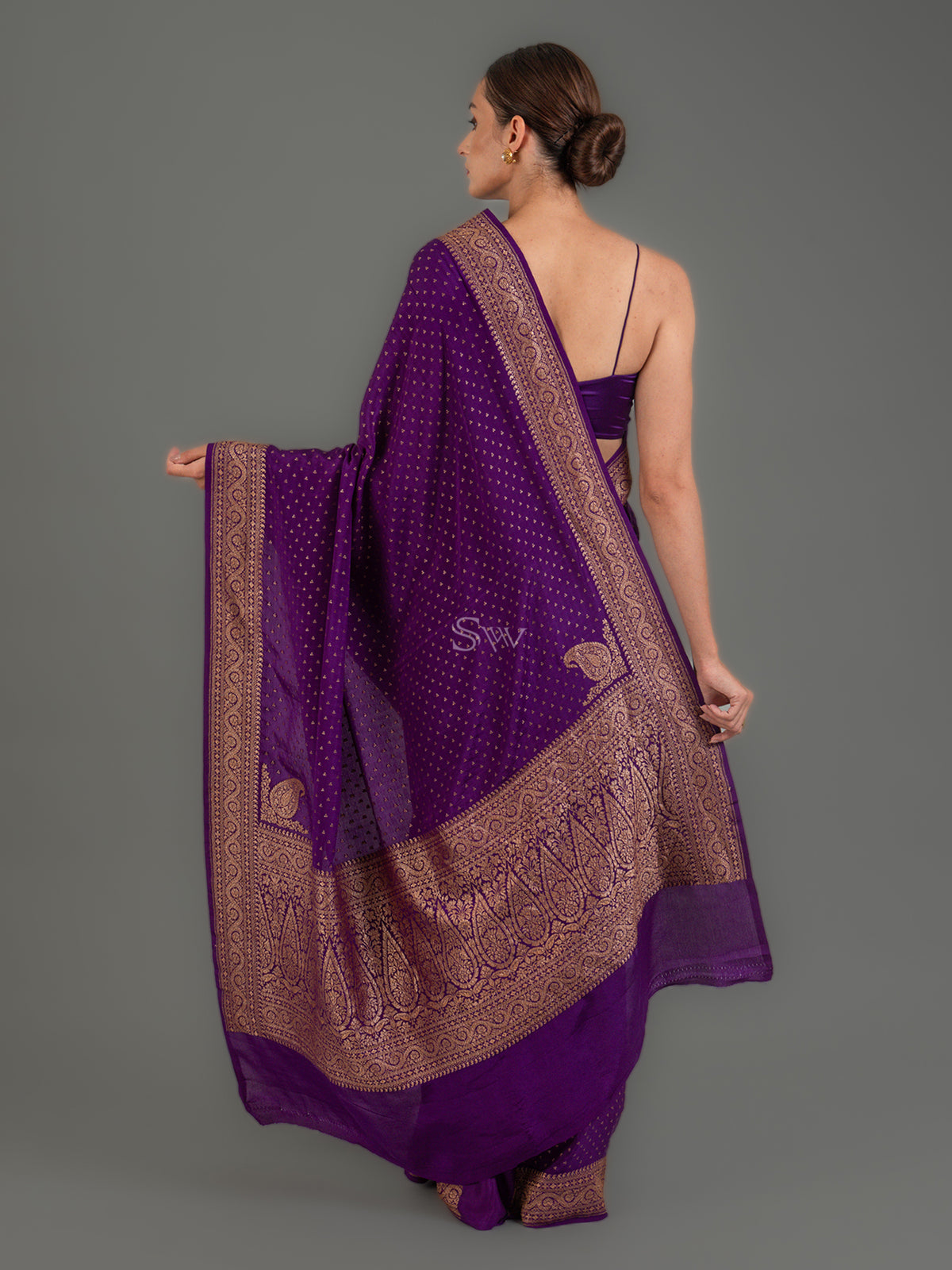 Purple Booti Crepe Silk Handloom Banarasi Saree -Sacred Weaves