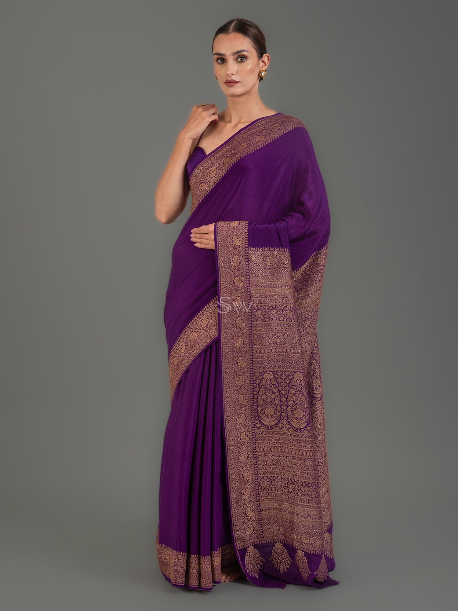 Purple Plain Crepe Silk Handloom Banarasi Saree - Sacred Weaves