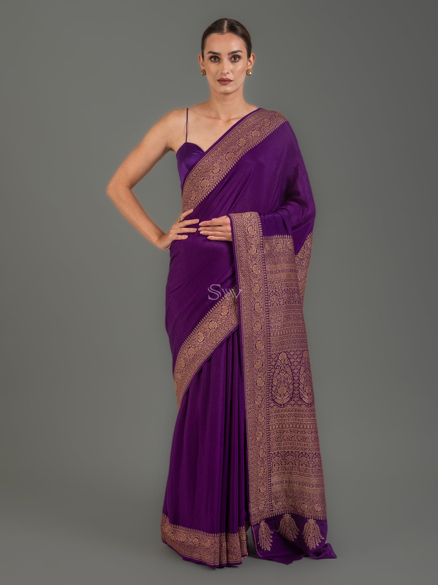 Purple Plain Crepe Silk Handloom Banarasi Saree - Sacred Weaves