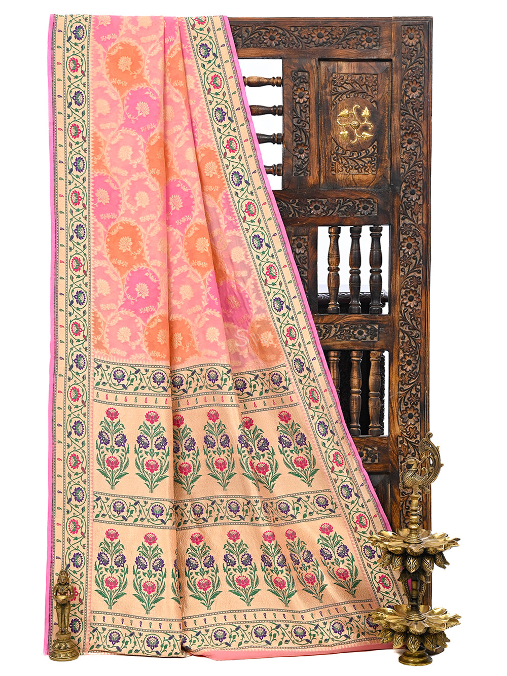 Pink Orange Paithani Rangkat Khaddi Georgette Handloom Banarasi Saree - Sacred Weaves