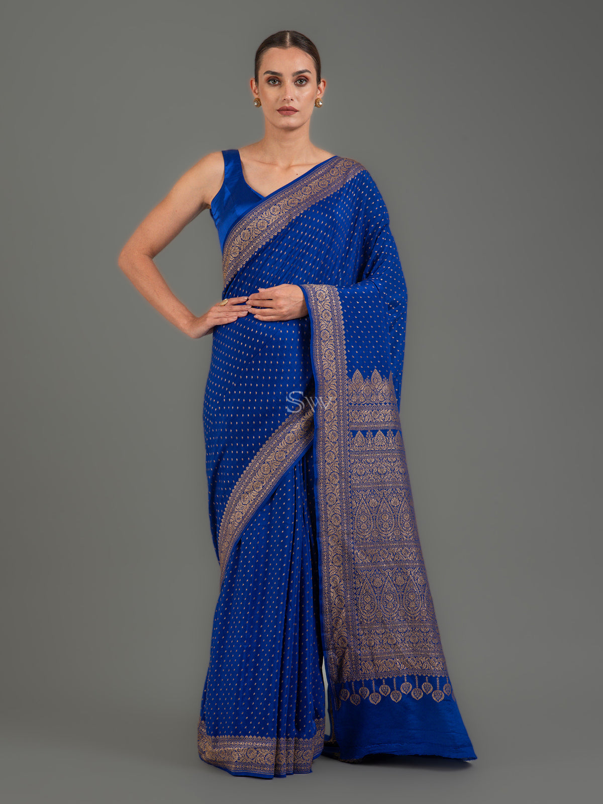 Royal Blue Booti Crepe Silk Handloom Banarasi Saree - Sacred Weaves