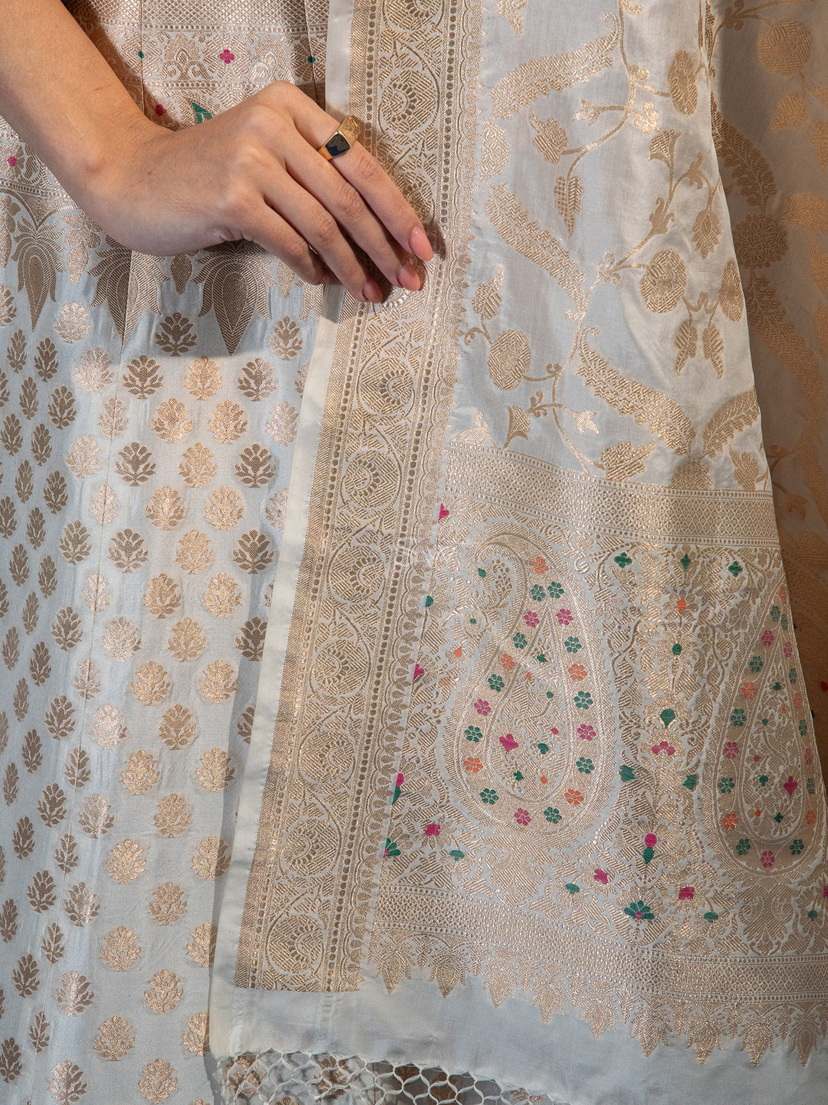 White Meenakari Silk Handloom Banarasi Lehenga - Sacred Weaves