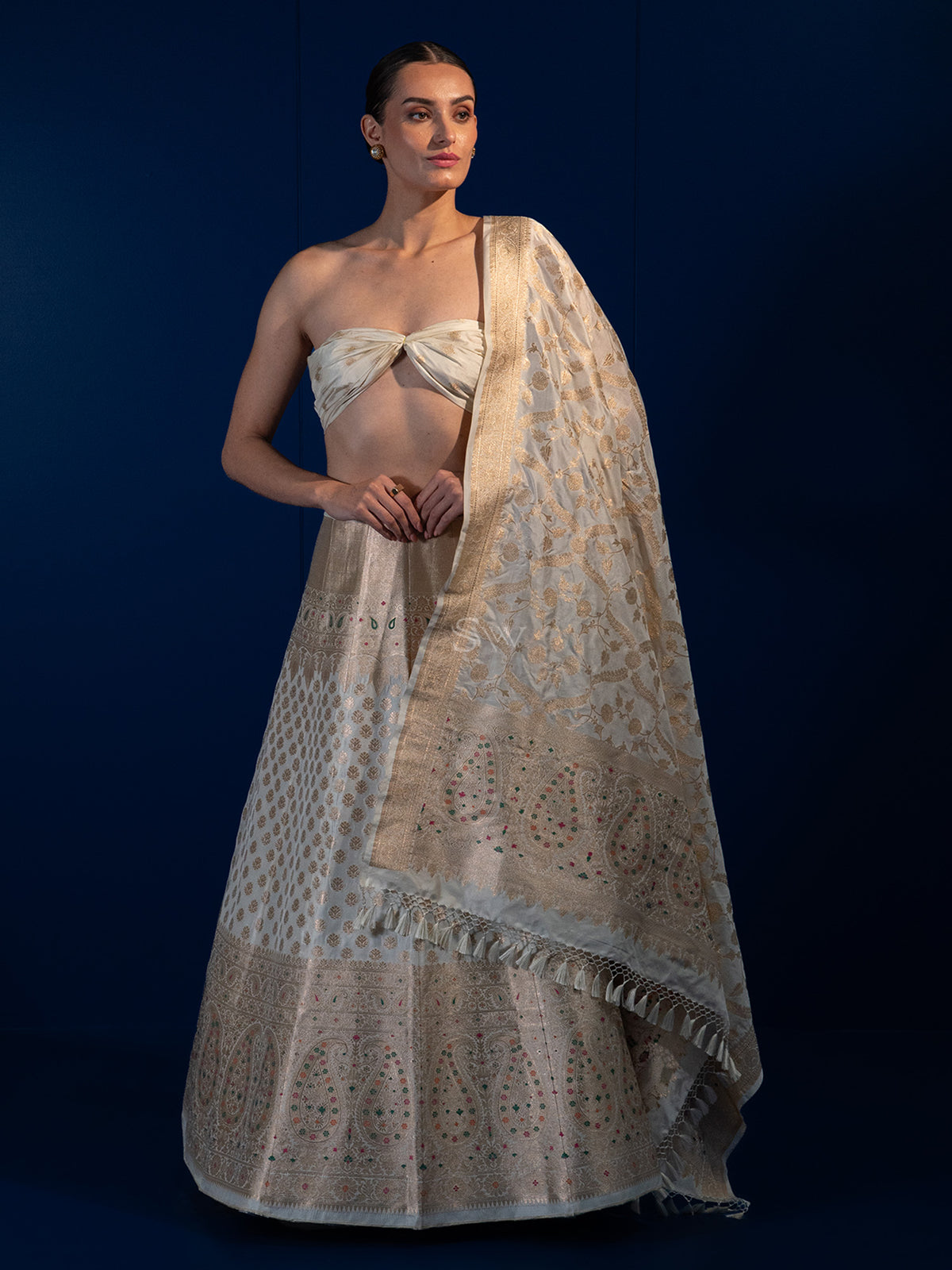 White Meenakari Silk Handloom Banarasi Lehenga - Sacred Weaves