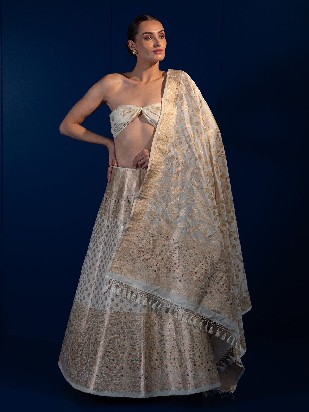 White Meenakari Silk Handloom Banarasi Lehenga - Sacred Weaves