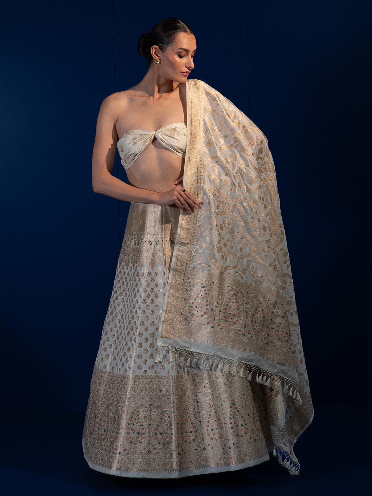 White Meenakari Silk Handloom Banarasi Lehenga - Sacred Weaves