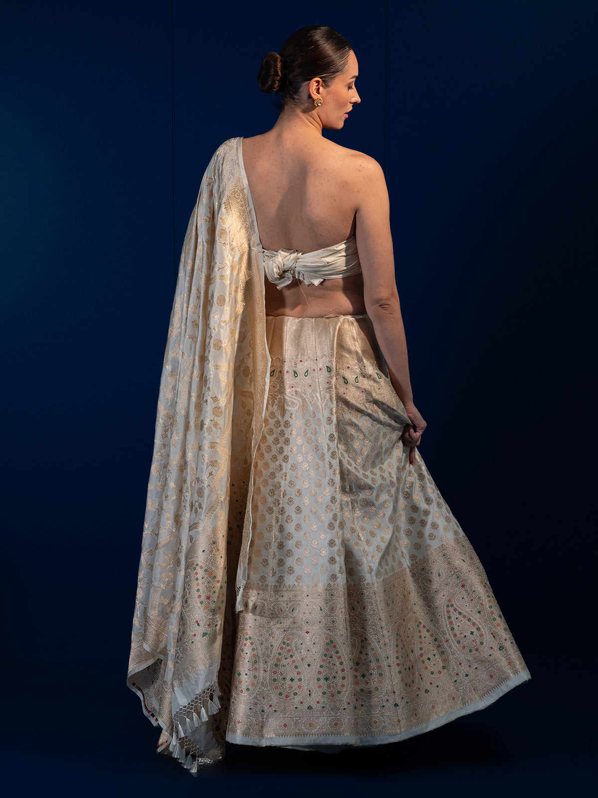 White Meenakari Silk Handloom Banarasi Lehenga - Sacred Weaves