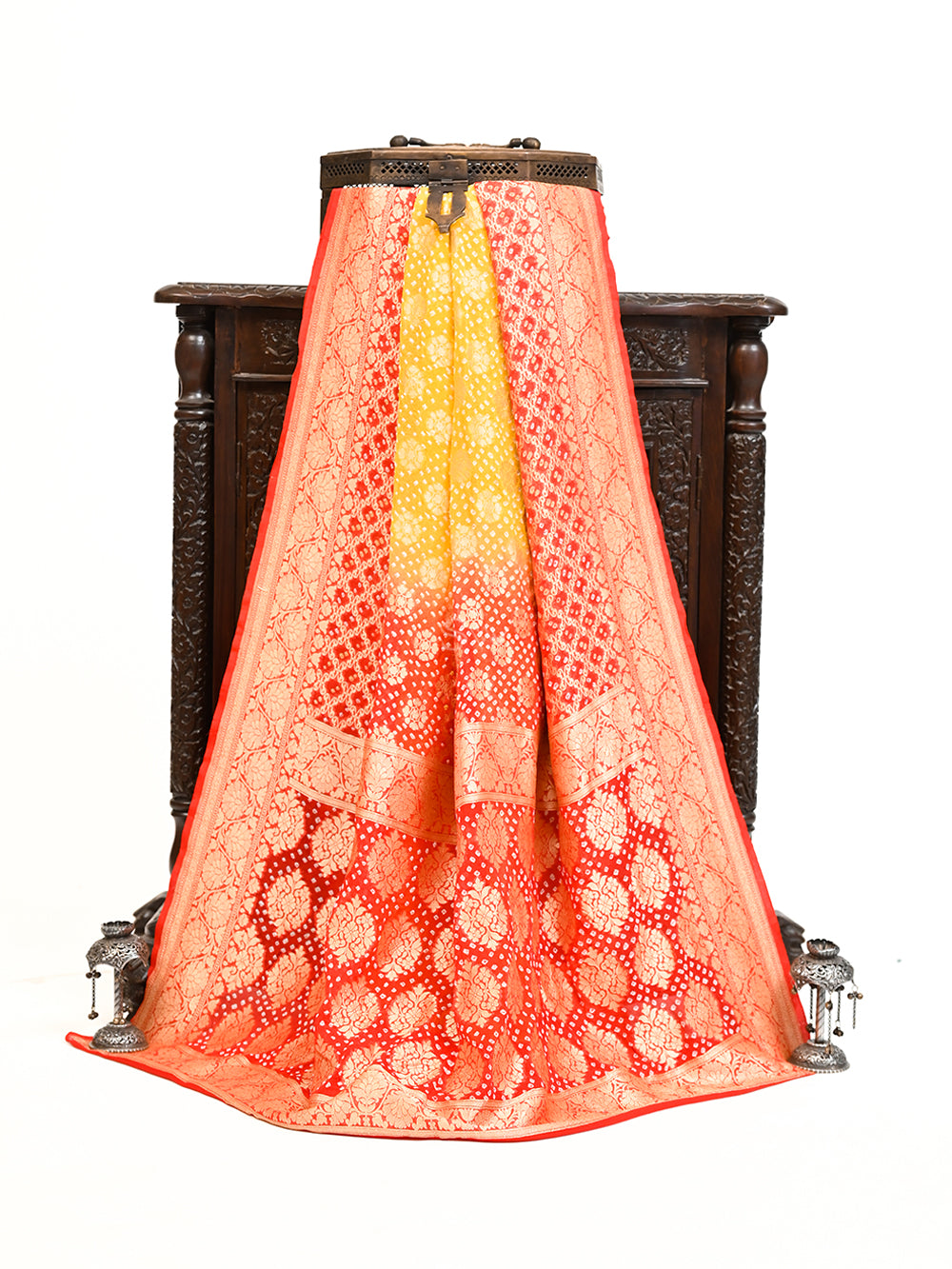 Orange Yellow Bandhani Khaddi Georgette Handloom Banarasi Saree