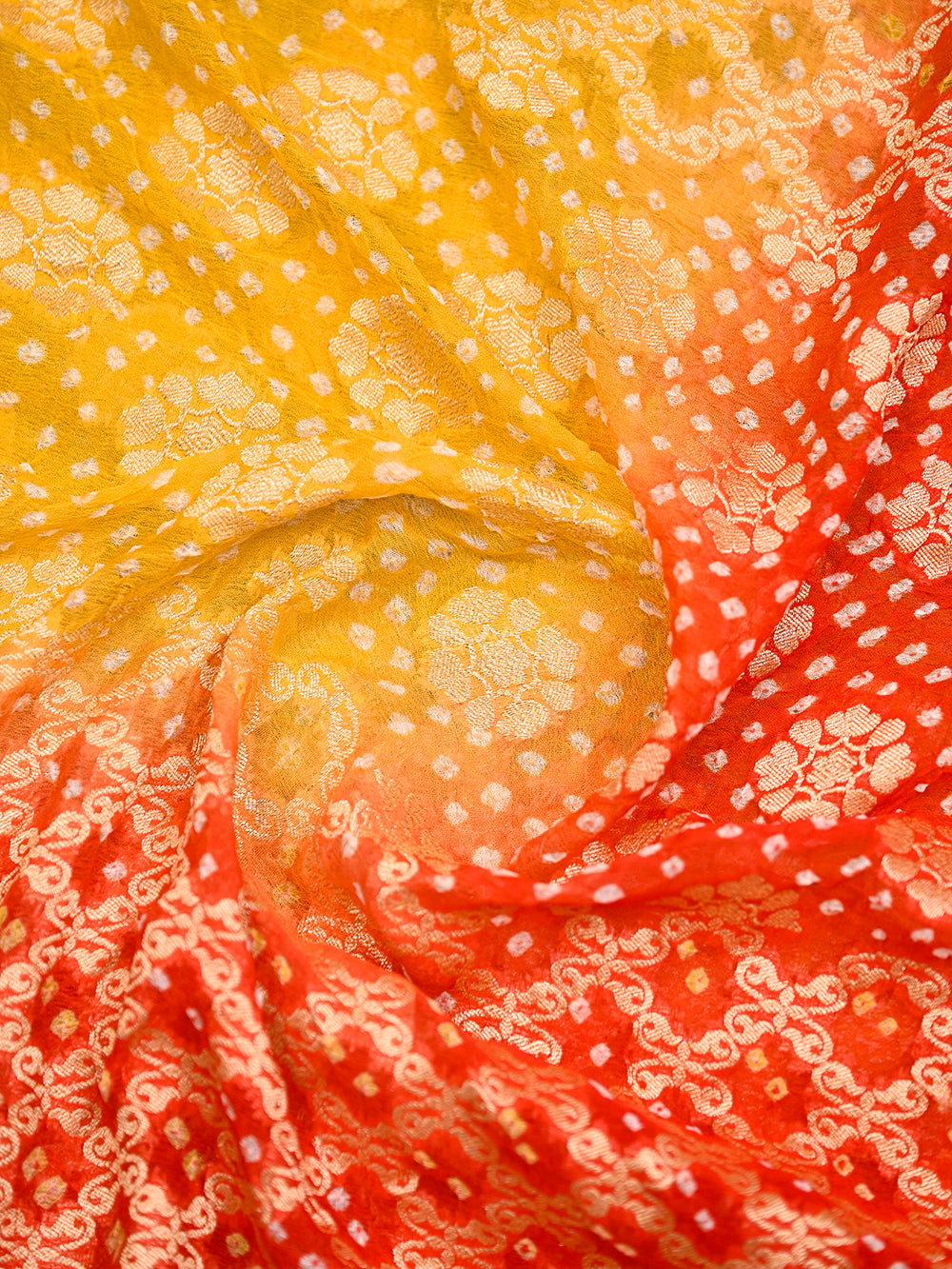 Orange Yellow Bandhani Khaddi Georgette Handloom Banarasi Saree