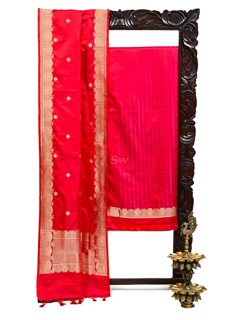 Pink Red Stripe Satin Tanchoi Handloom Banarasi Suit - Sacred Weaves