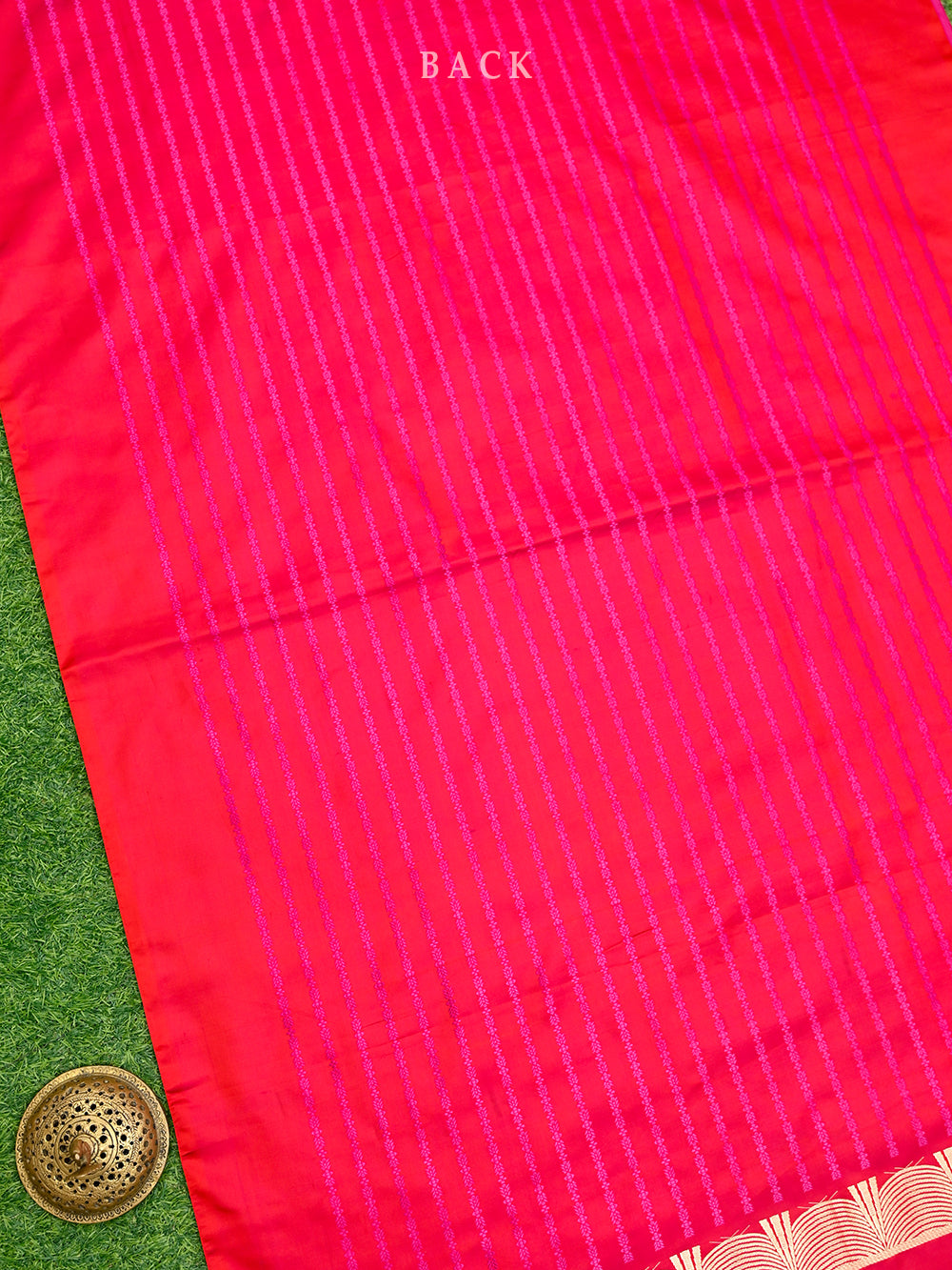 Pink Red Stripe Satin Tanchoi Handloom Banarasi Suit - Sacred Weaves