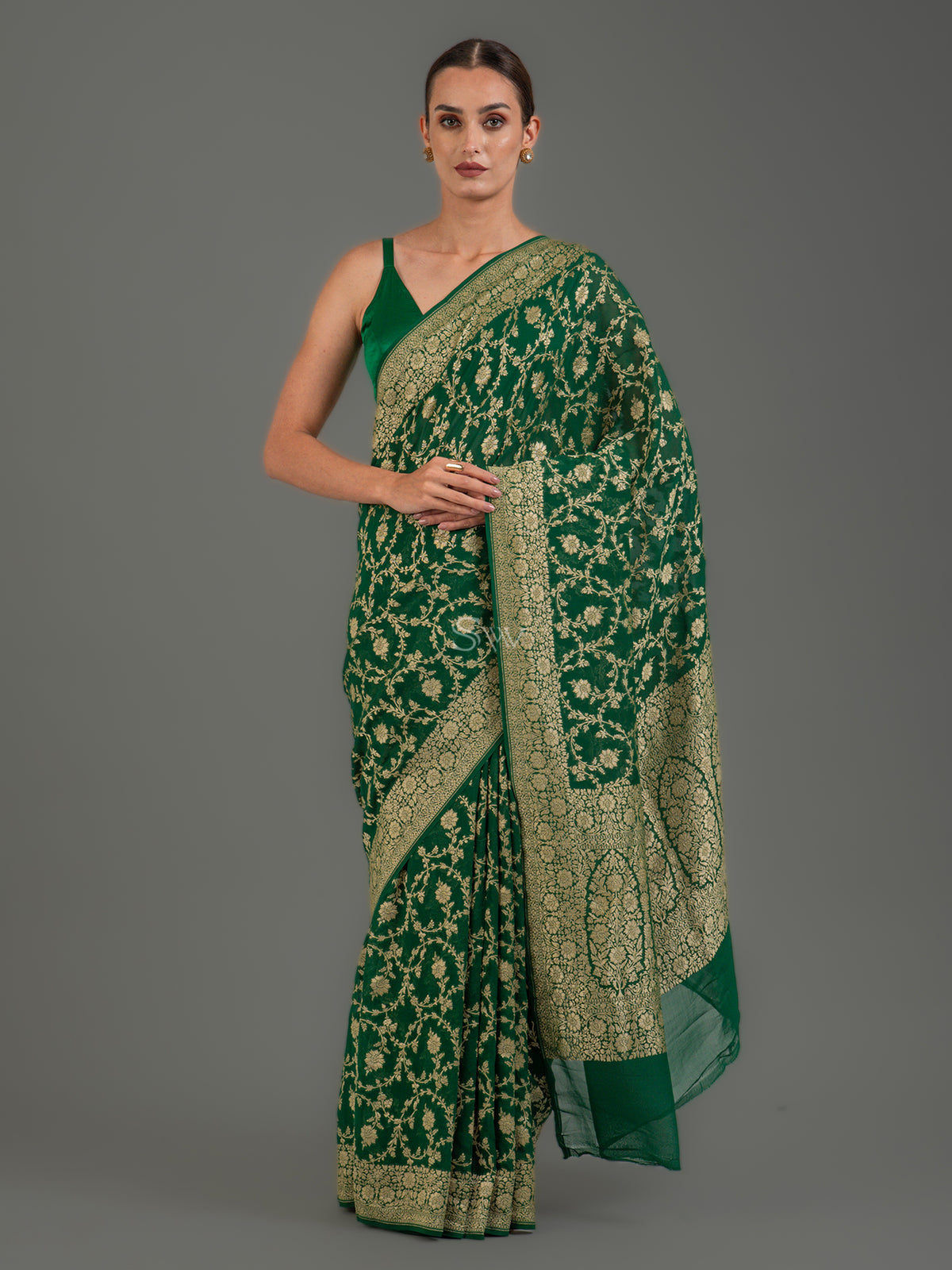 Bottle Green Jaal Khaddi Georgette Handloom Banarasi Saree - Sacred Weaves