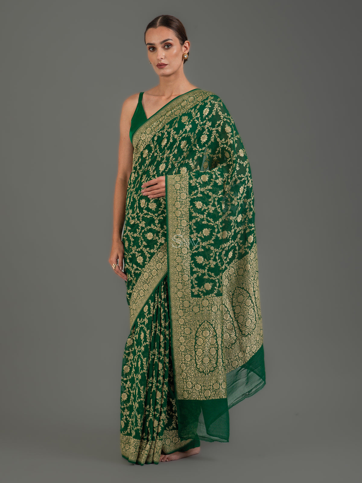 Bottle Green Jaal Khaddi Georgette Handloom Banarasi Saree - Sacred Weaves