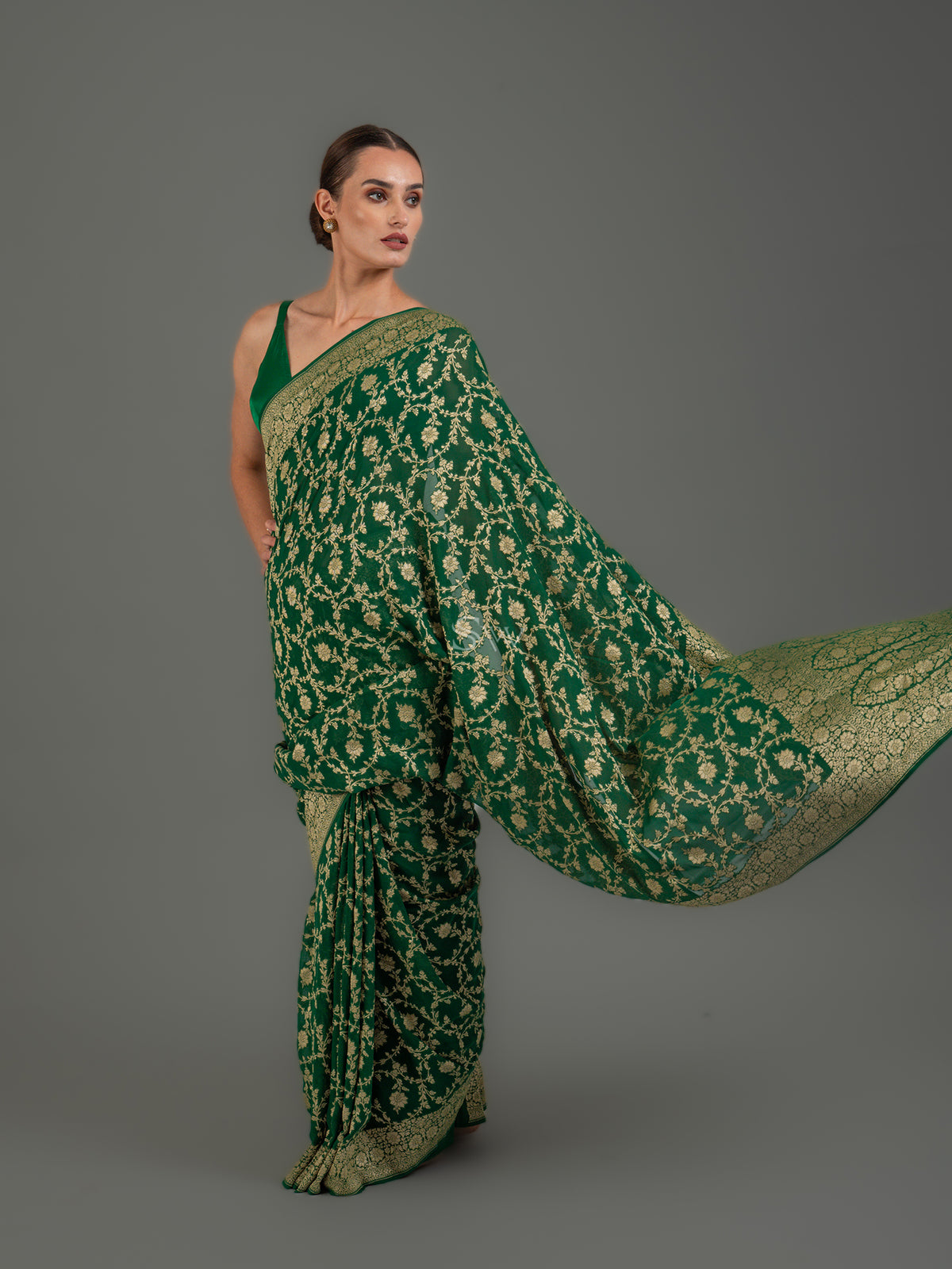 Bottle Green Jaal Khaddi Georgette Handloom Banarasi Saree - Sacred Weaves