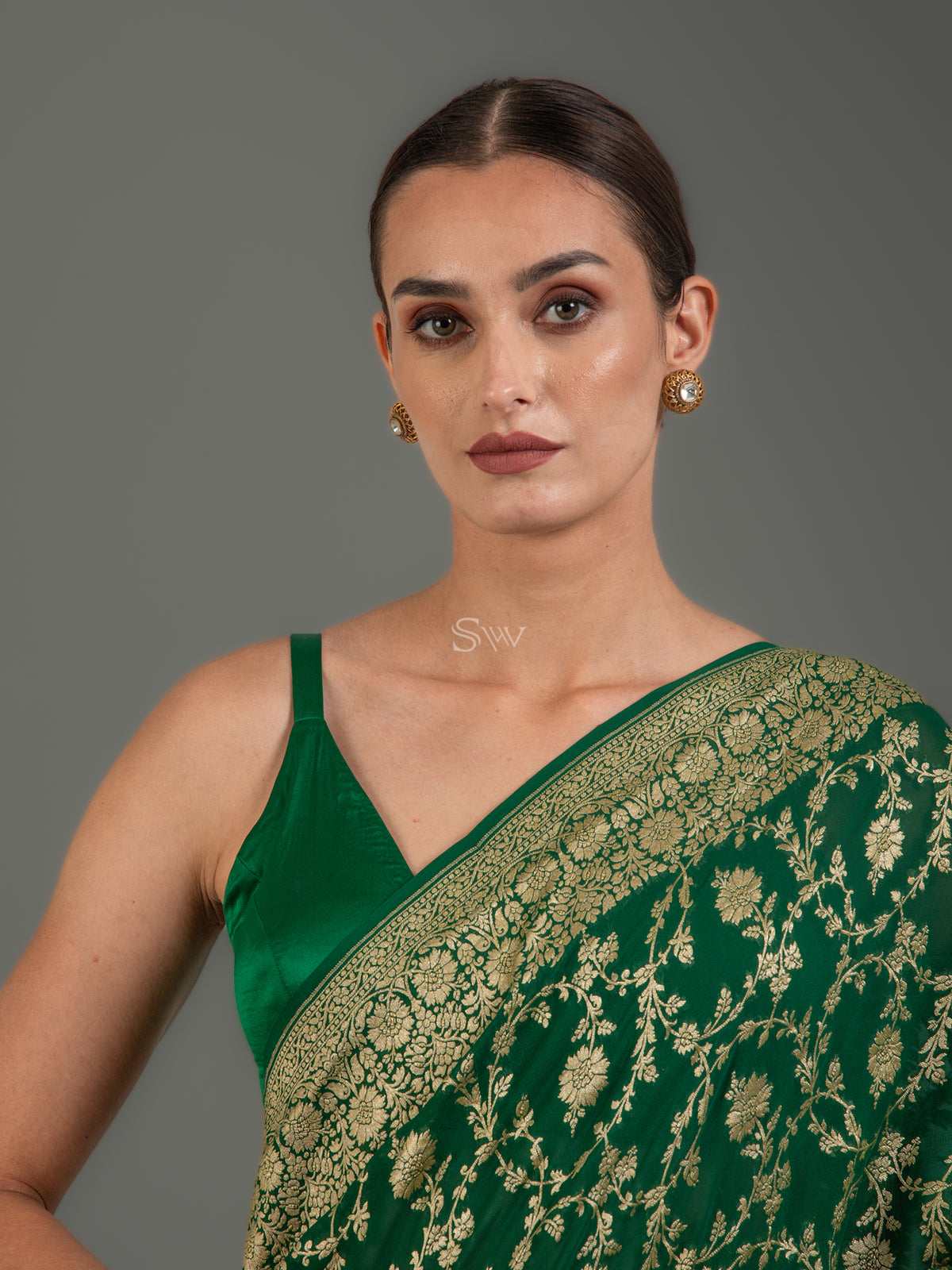 Bottle Green Jaal Khaddi Georgette Handloom Banarasi Saree - Sacred Weaves