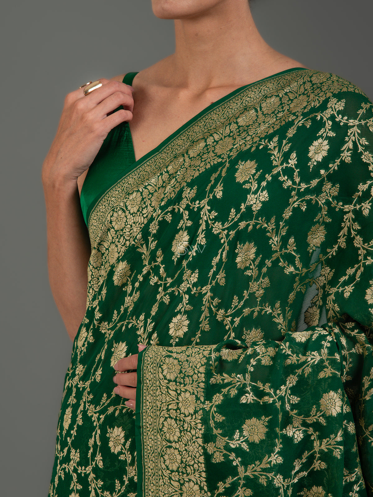 Bottle Green Jaal Khaddi Georgette Handloom Banarasi Saree - Sacred Weaves