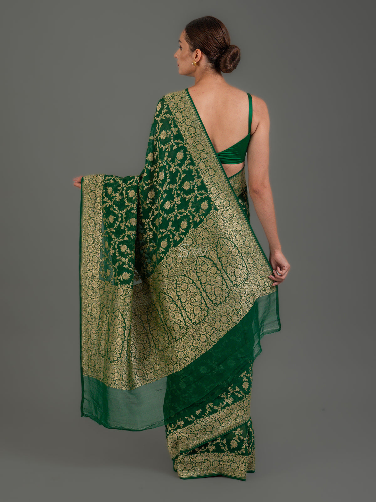 Bottle Green Jaal Khaddi Georgette Handloom Banarasi Saree - Sacred Weaves