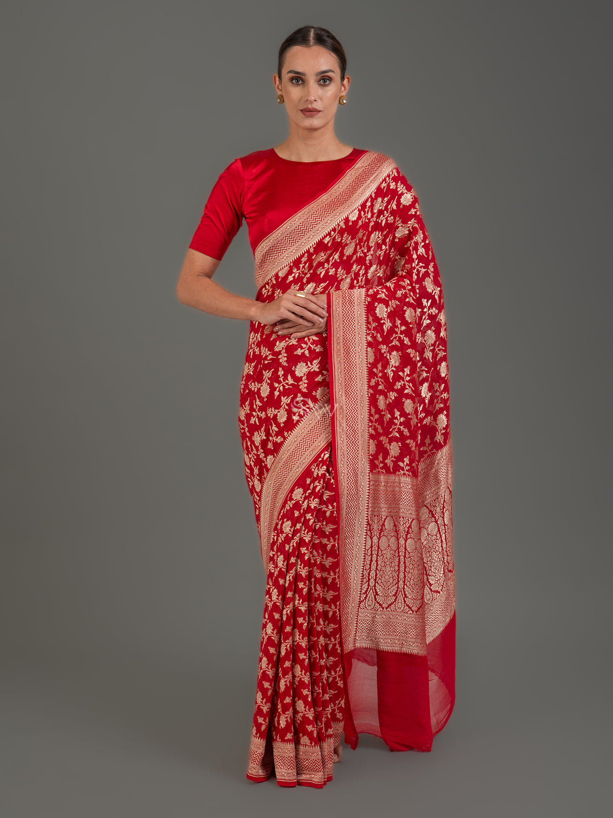 Red Jaal Khaddi Georgette Handloom Banarasi Saree - Sacred Weaves