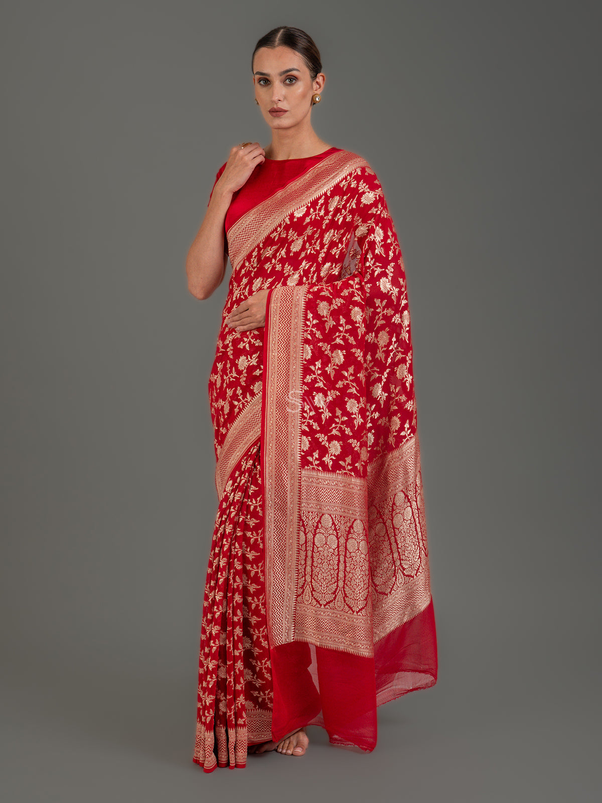 Red Jaal Khaddi Georgette Handloom Banarasi Saree - Sacred Weaves