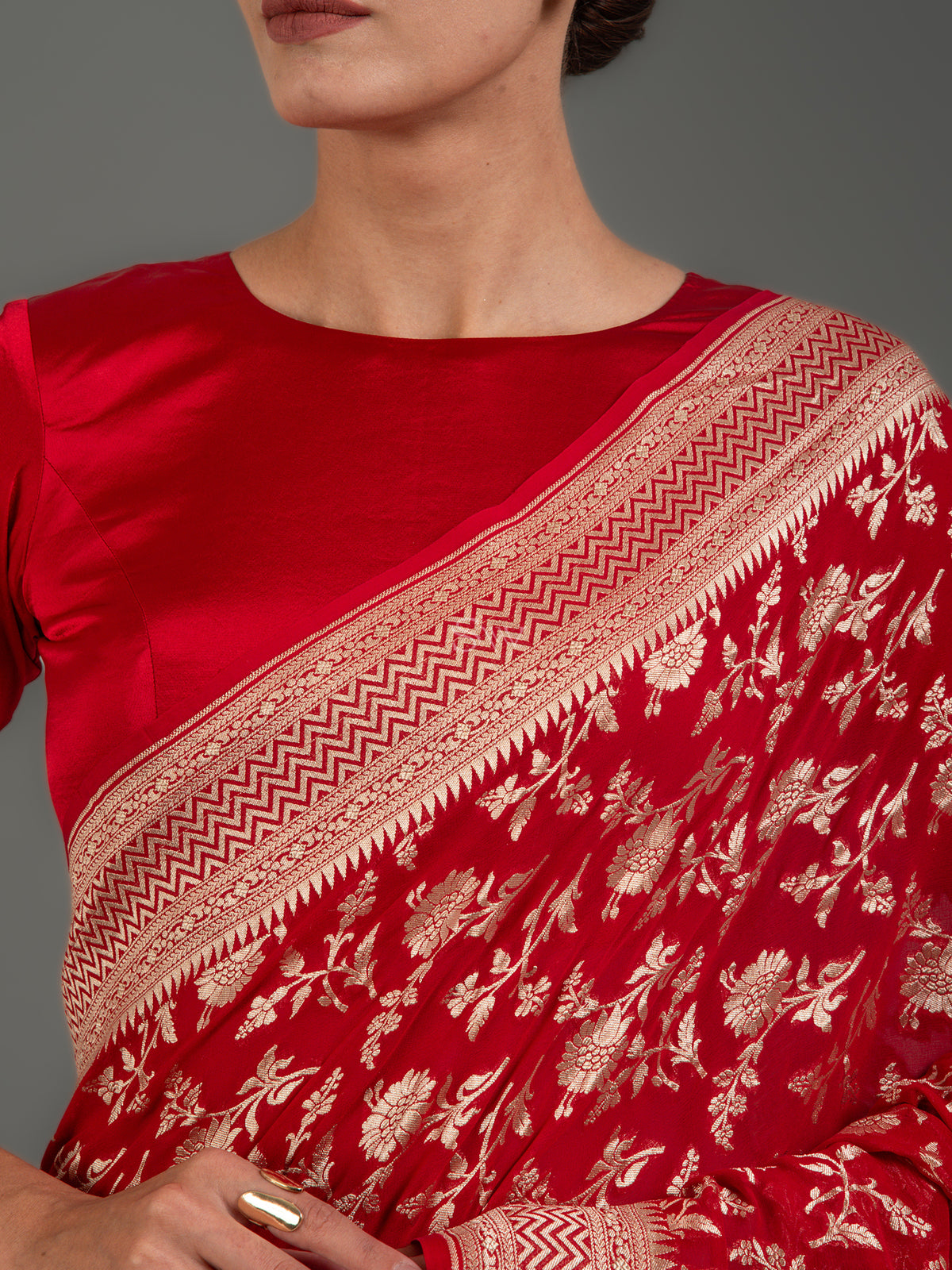 Red Jaal Khaddi Georgette Handloom Banarasi Saree - Sacred Weaves