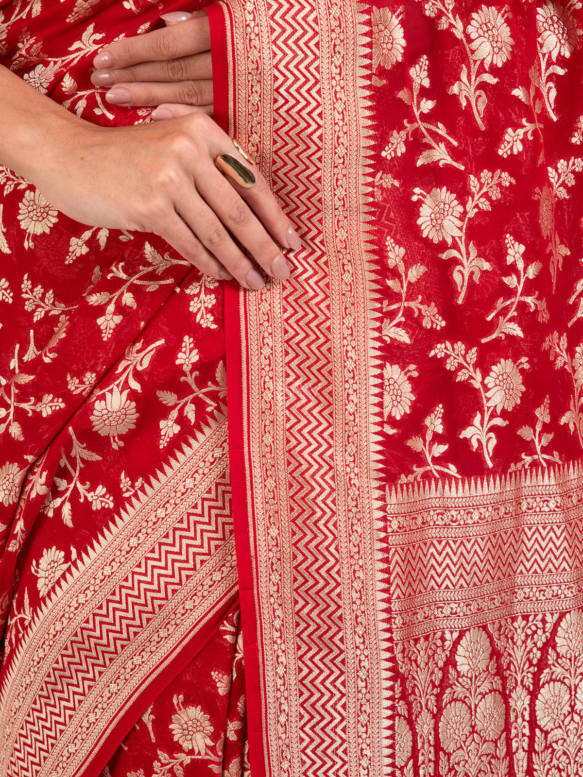 Red Jaal Khaddi Georgette Handloom Banarasi Saree - Sacred Weaves