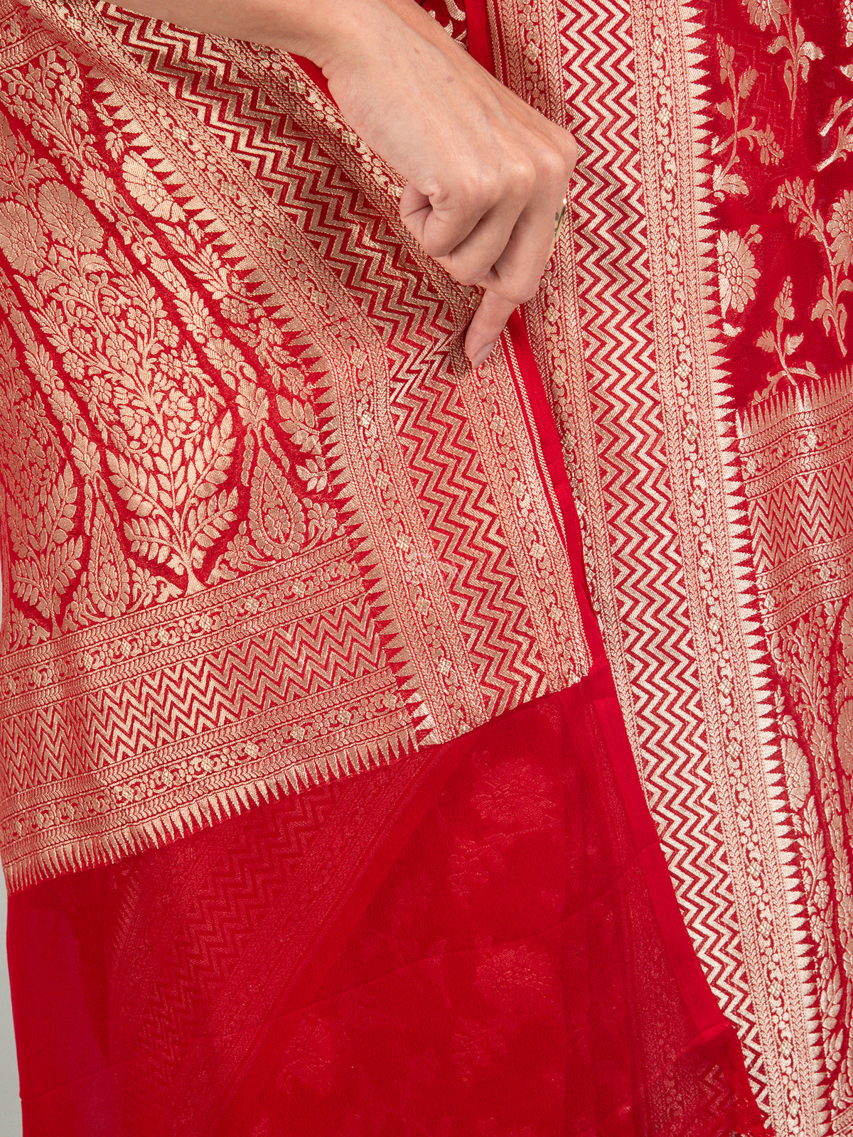 Red Jaal Khaddi Georgette Handloom Banarasi Saree - Sacred Weaves