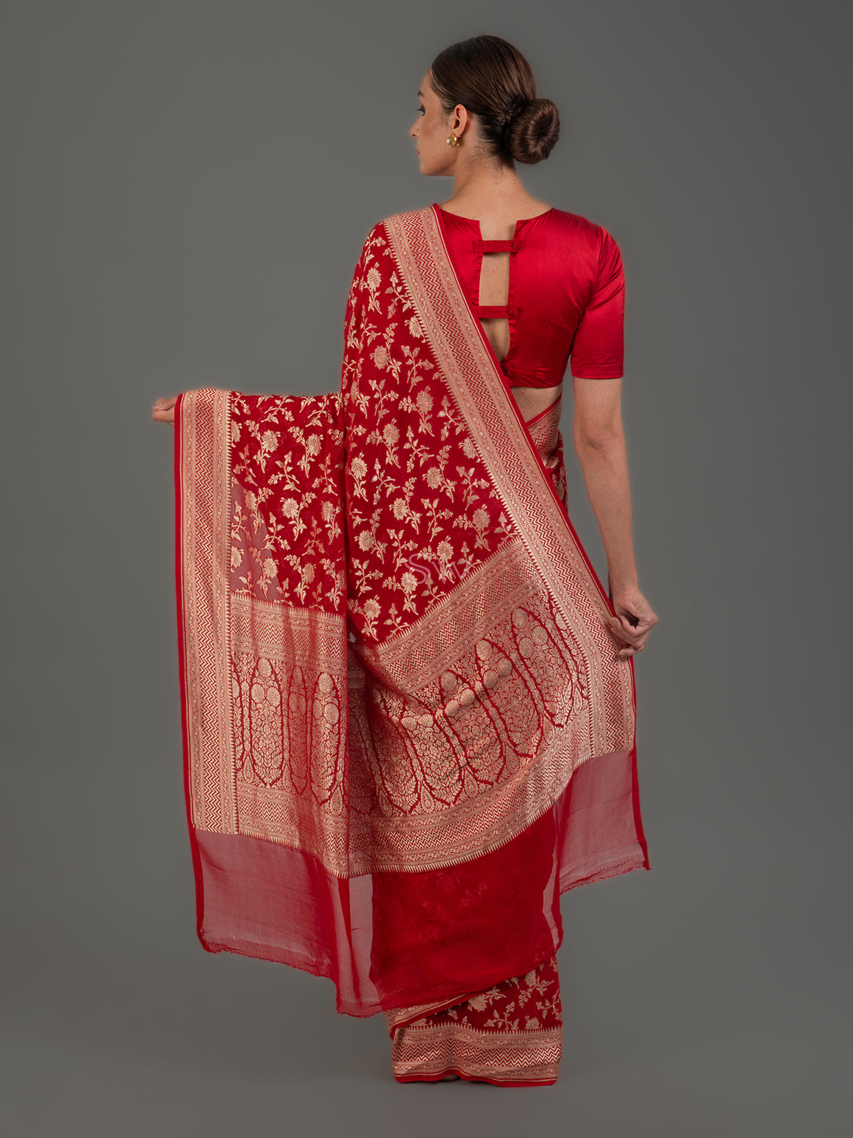 Red Jaal Khaddi Georgette Handloom Banarasi Saree - Sacred Weaves