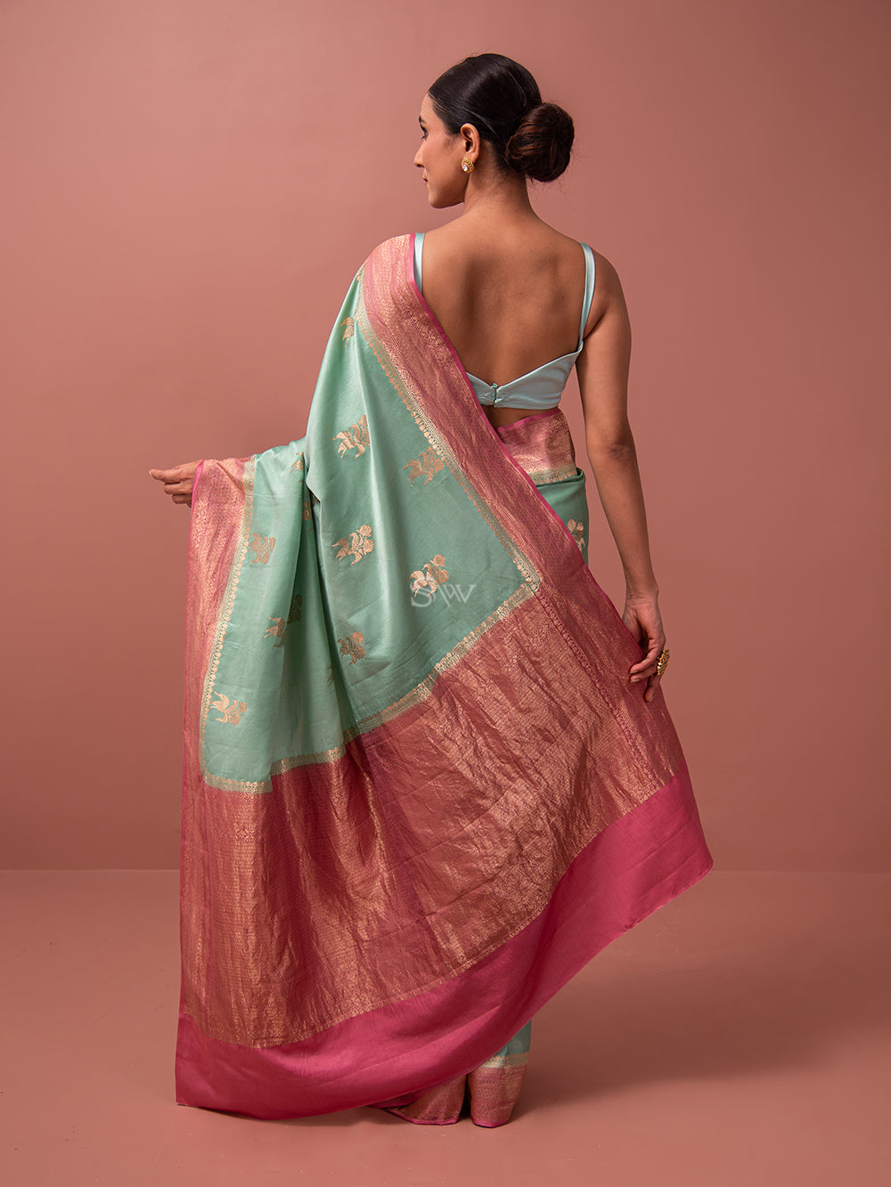 Mint Green Boota Satin Silk Handloom Banarasi Saree - Sacred Weaves