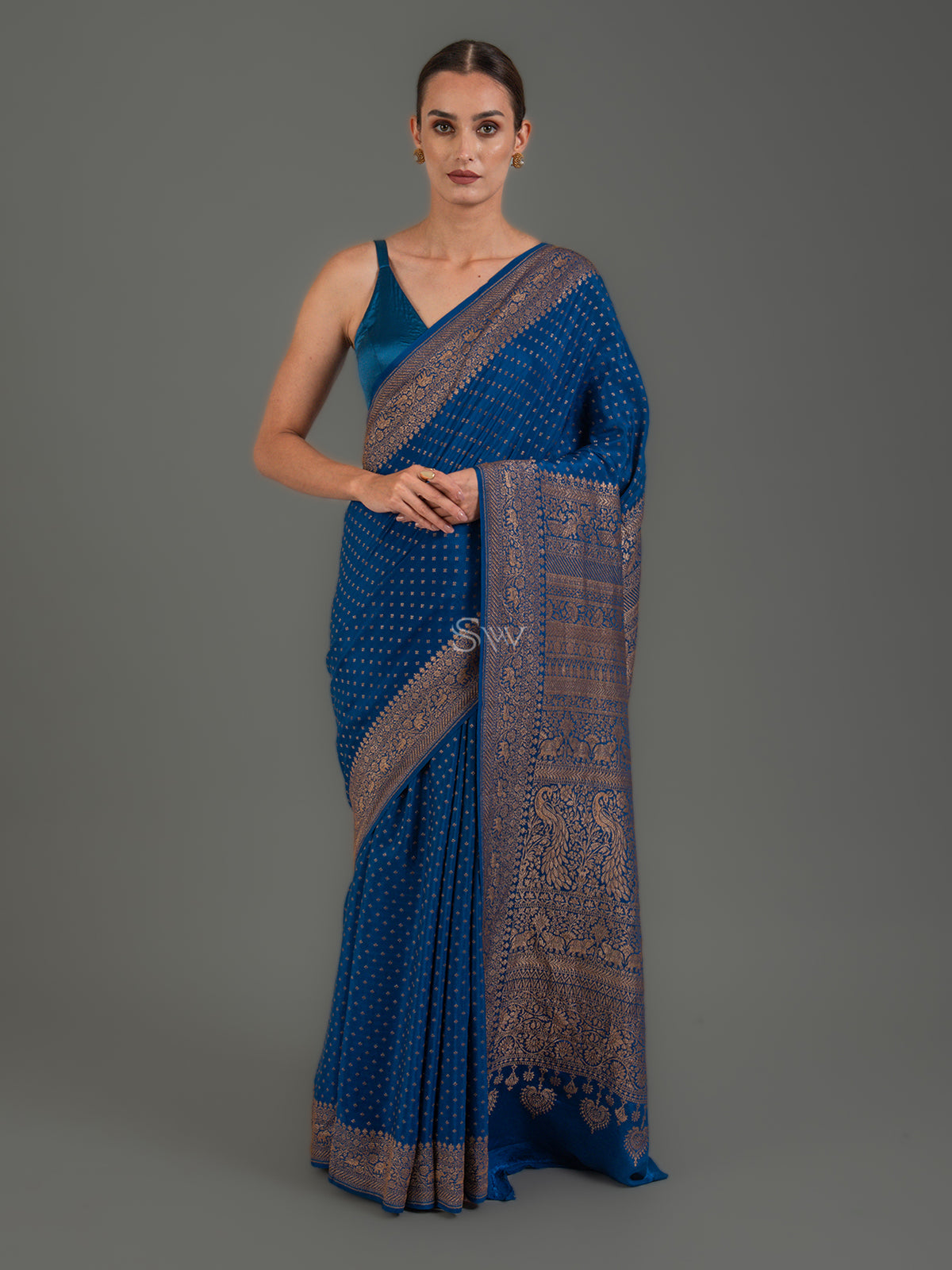 Midnight Blue Booti Crepe Silk Handloom Banarasi Saree - Sacred Weaves