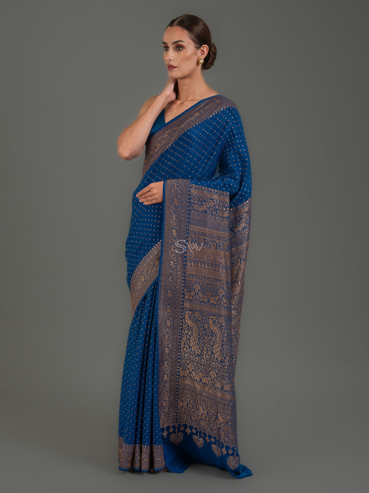 Midnight Blue Booti Crepe Silk Handloom Banarasi Saree - Sacred Weaves