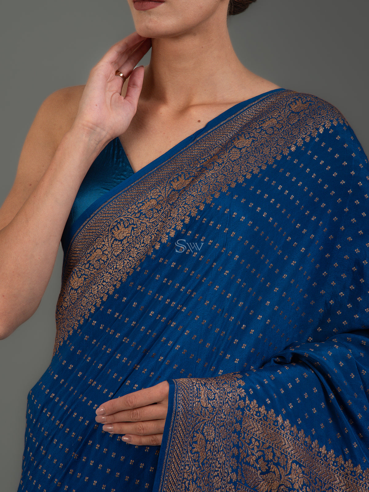 Midnight Blue Booti Crepe Silk Handloom Banarasi Saree - Sacred Weaves