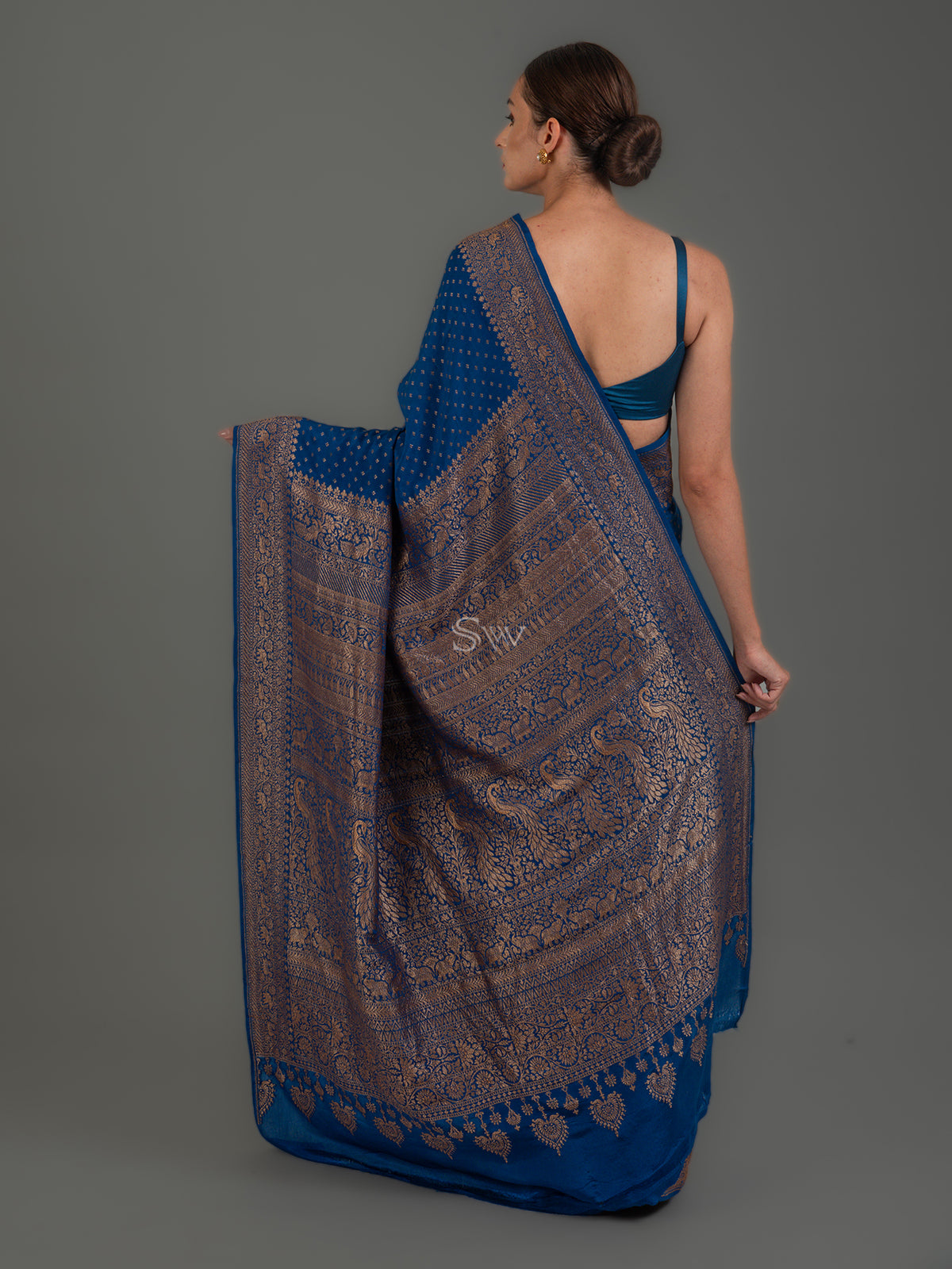 Midnight Blue Booti Crepe Silk Handloom Banarasi Saree - Sacred Weaves