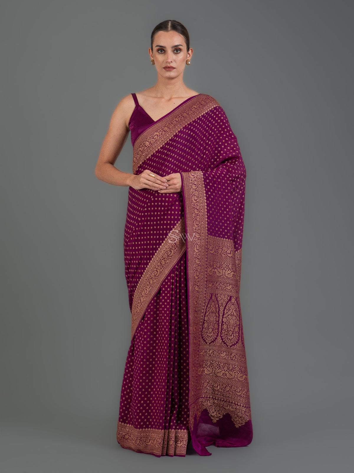 Dark Purple Booti Crepe Silk Handloom Banarasi Saree - Sacred Weaves